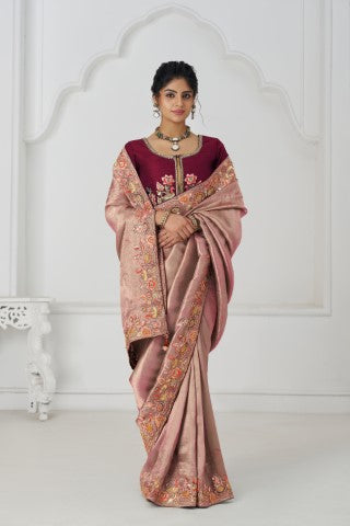 Pretty Pink Color Saree With Multi-Thread And Sequins Embroidery For Wedding