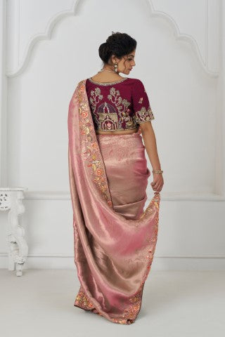 Pretty Pink Color Saree With Multi-Thread And Sequins Embroidery For Wedding