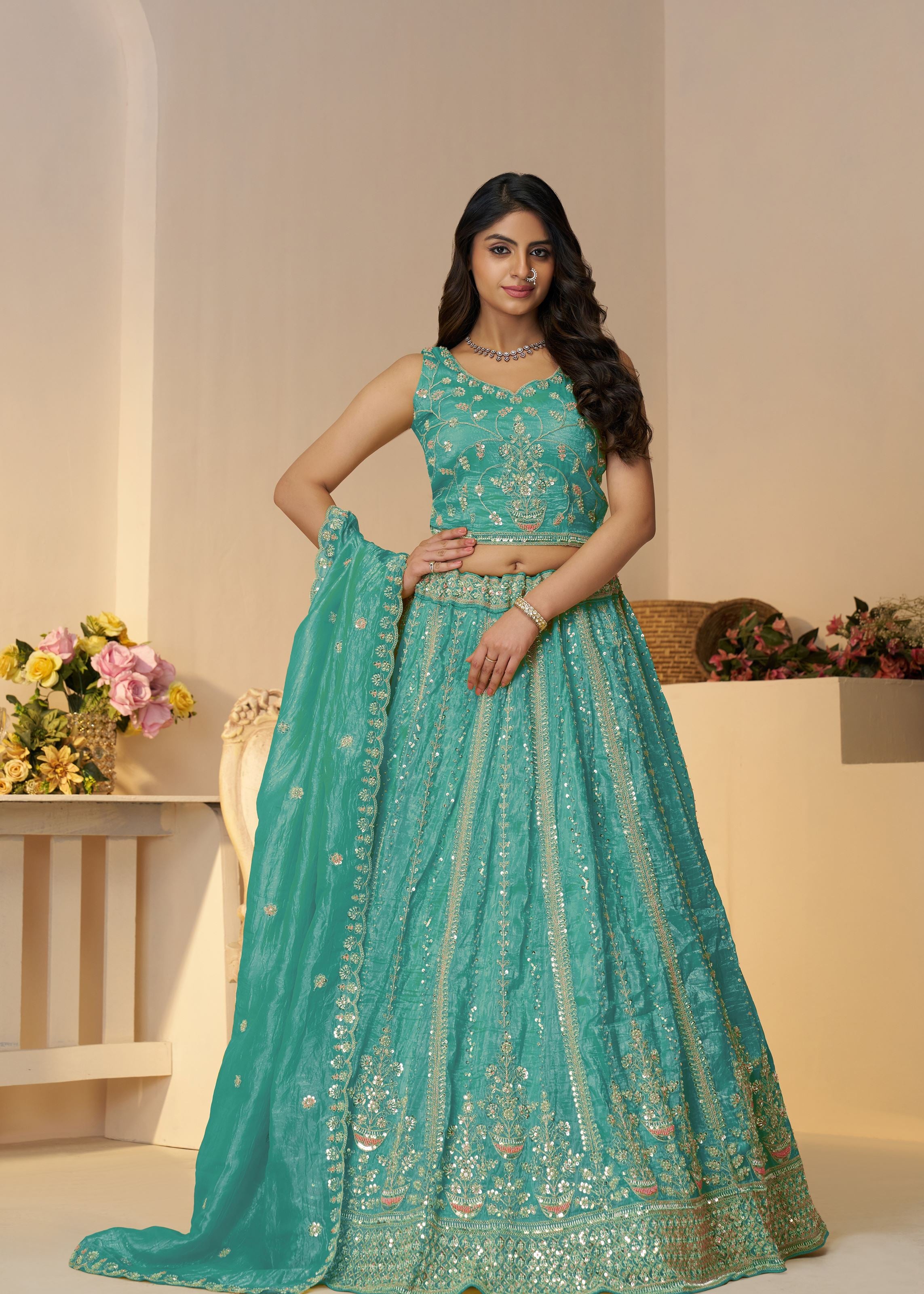 Pretty Pink Silk Intricate Paisley Motifs Traditional Embroidered Wedding Lehenga