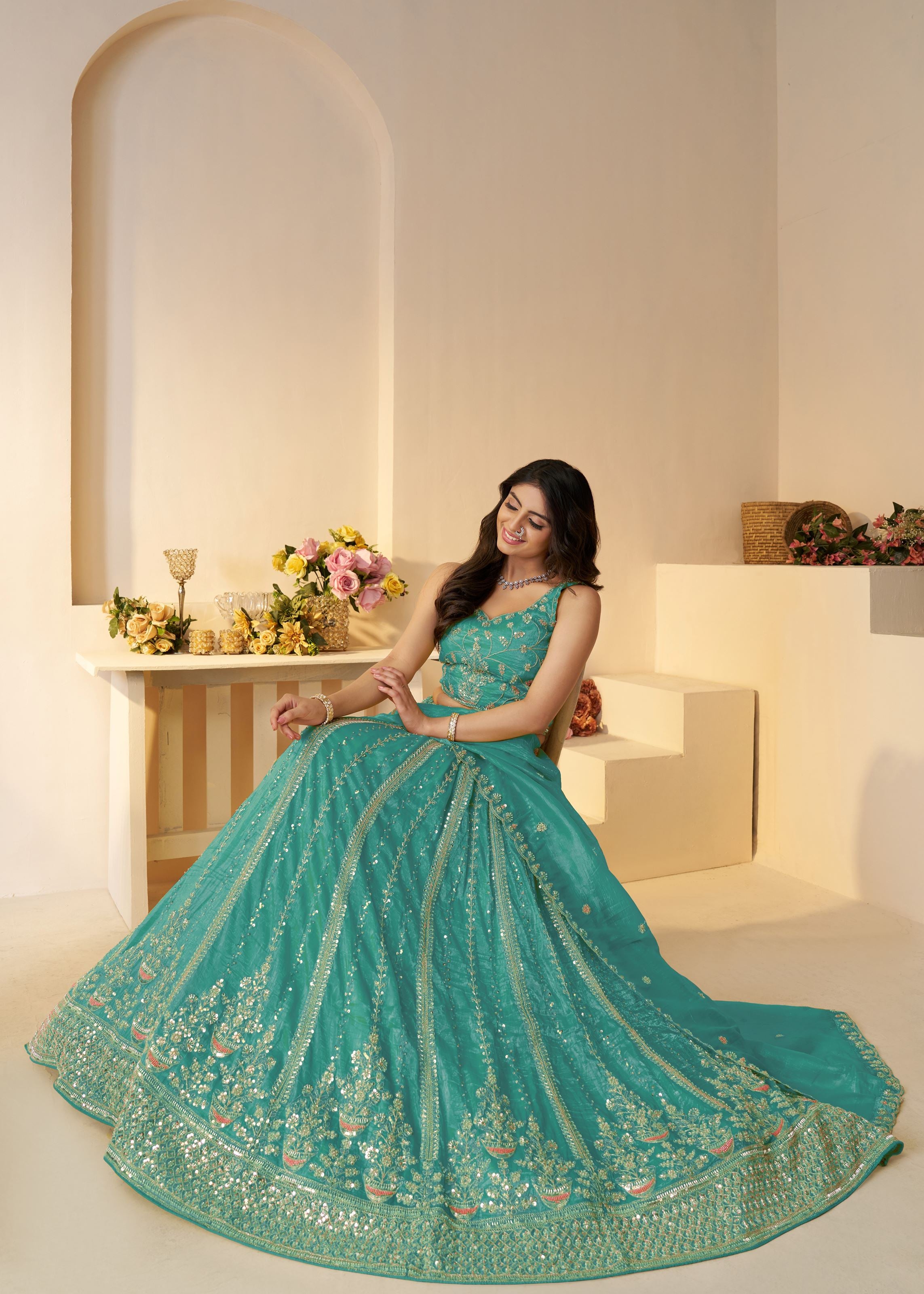 Pretty Pink Silk Intricate Paisley Motifs Traditional Embroidered Wedding Lehenga