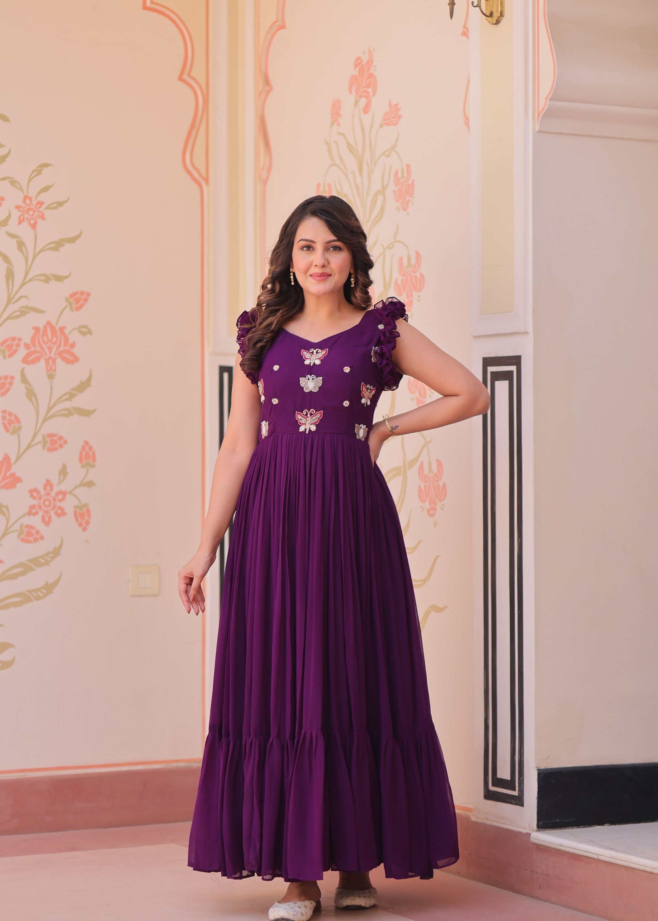 Puple Faux Blooming Gown With Sequins Multithreaded Beads Embroidered work