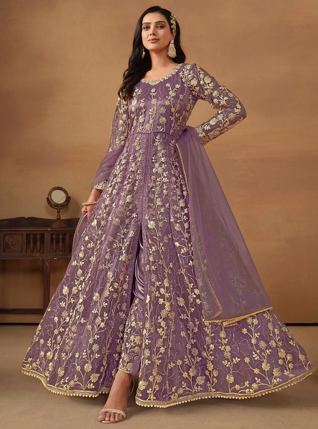 Purple Anarkali Suit With Heavy Thread Embroidery With Sequis Work