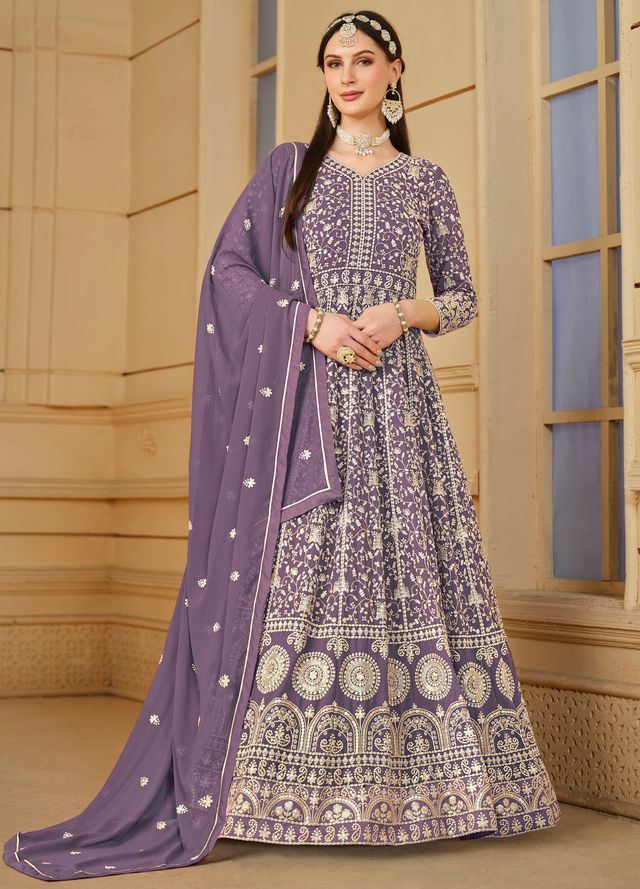 Purple Anarkali Suit With Heavy Thread Embroidery With Sequis Work