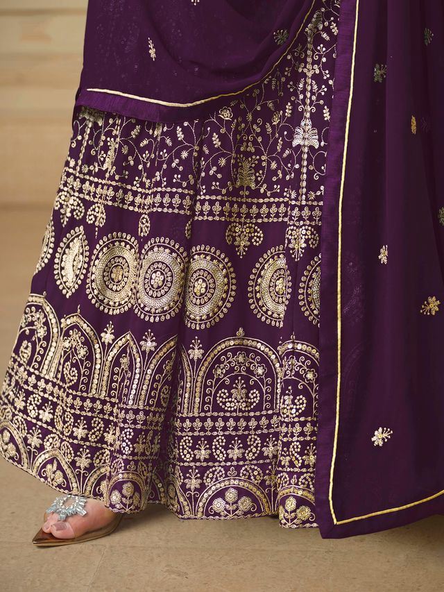 Purple Anarkali Suit With Heavy Thread Embroidery With Sequis Work