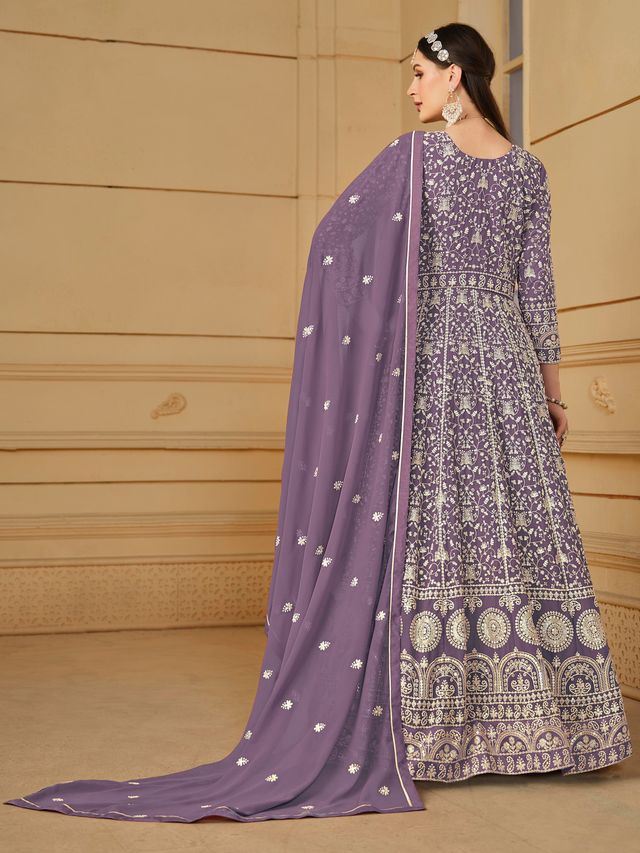 Purple Anarkali Suit With Heavy Thread Embroidery With Sequis Work
