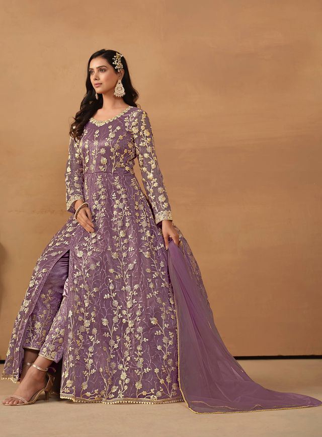 Purple Anarkali Suit With Heavy Thread Embroidery With Sequis Work