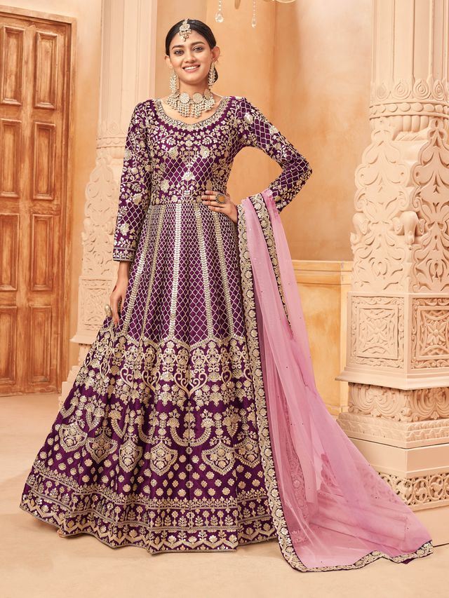 Purple Art Silk Heavy Thread Embroidery with Zari Work Anarkali Suits