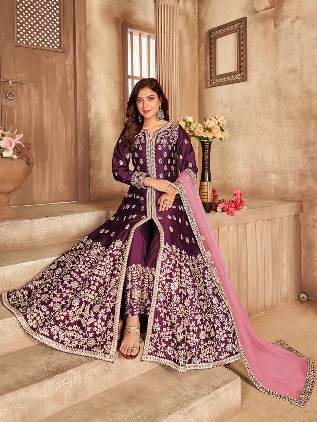 Purple Art Silk Thread Embroidery, Zari With Mirror Work Anarkali Suits