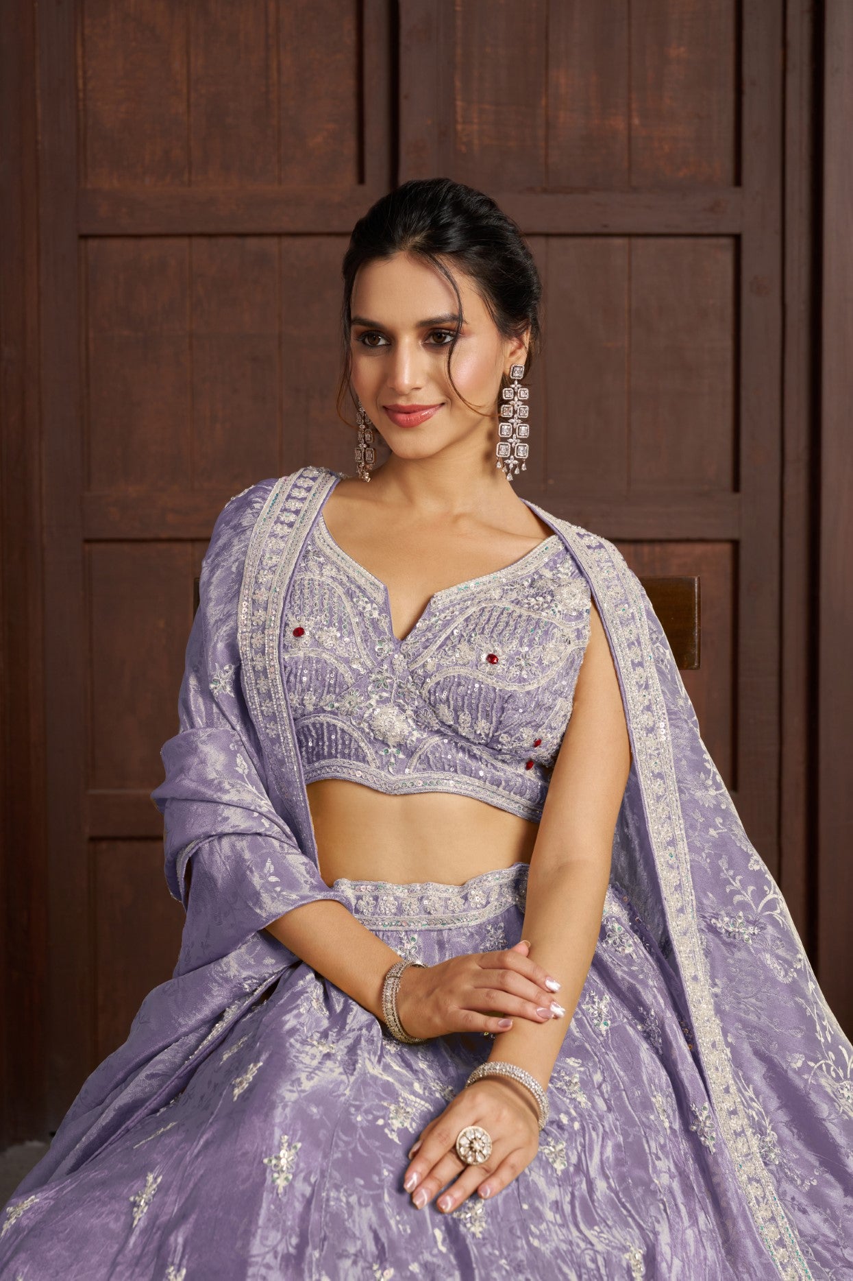 Purple Banarasi Jari Tissue Bead Embellished Wedding Lehenga Choli