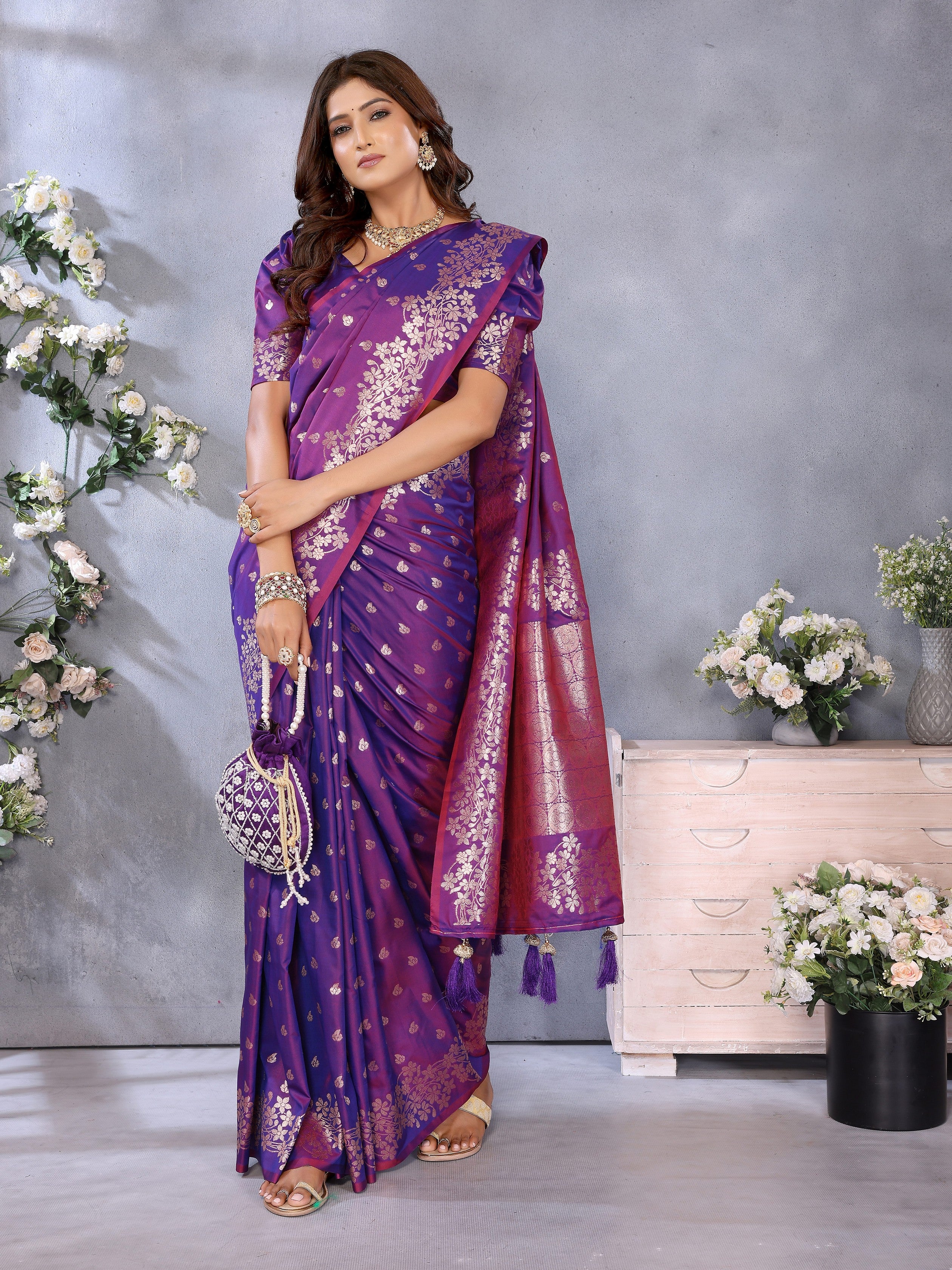Purple Banarasi Silk Jacquard Weving Designer Floral Ceremonial Festive Saree