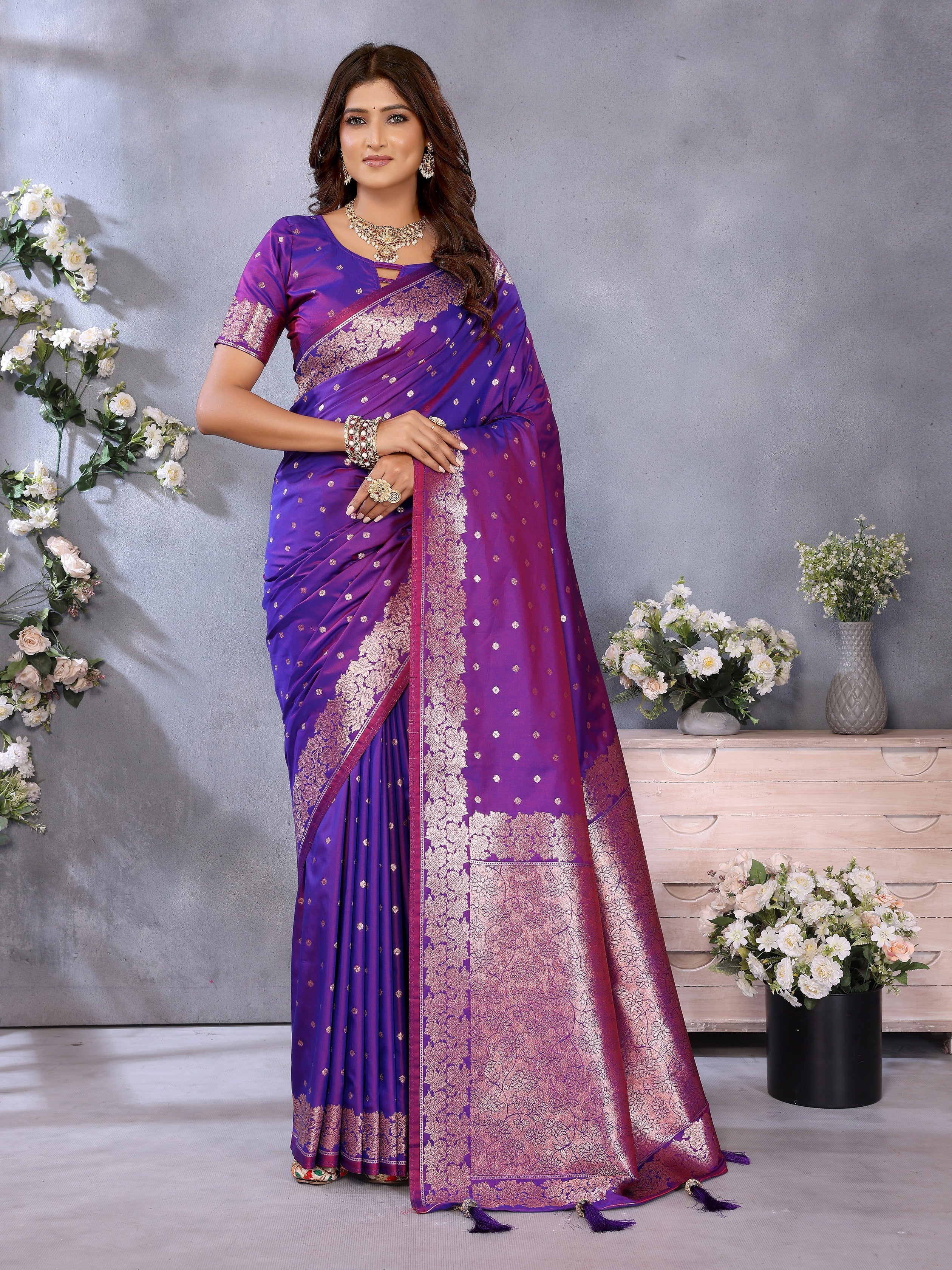 Purple Banarasi Silk Jacquard Weving Designer Trendy Partywear Saree