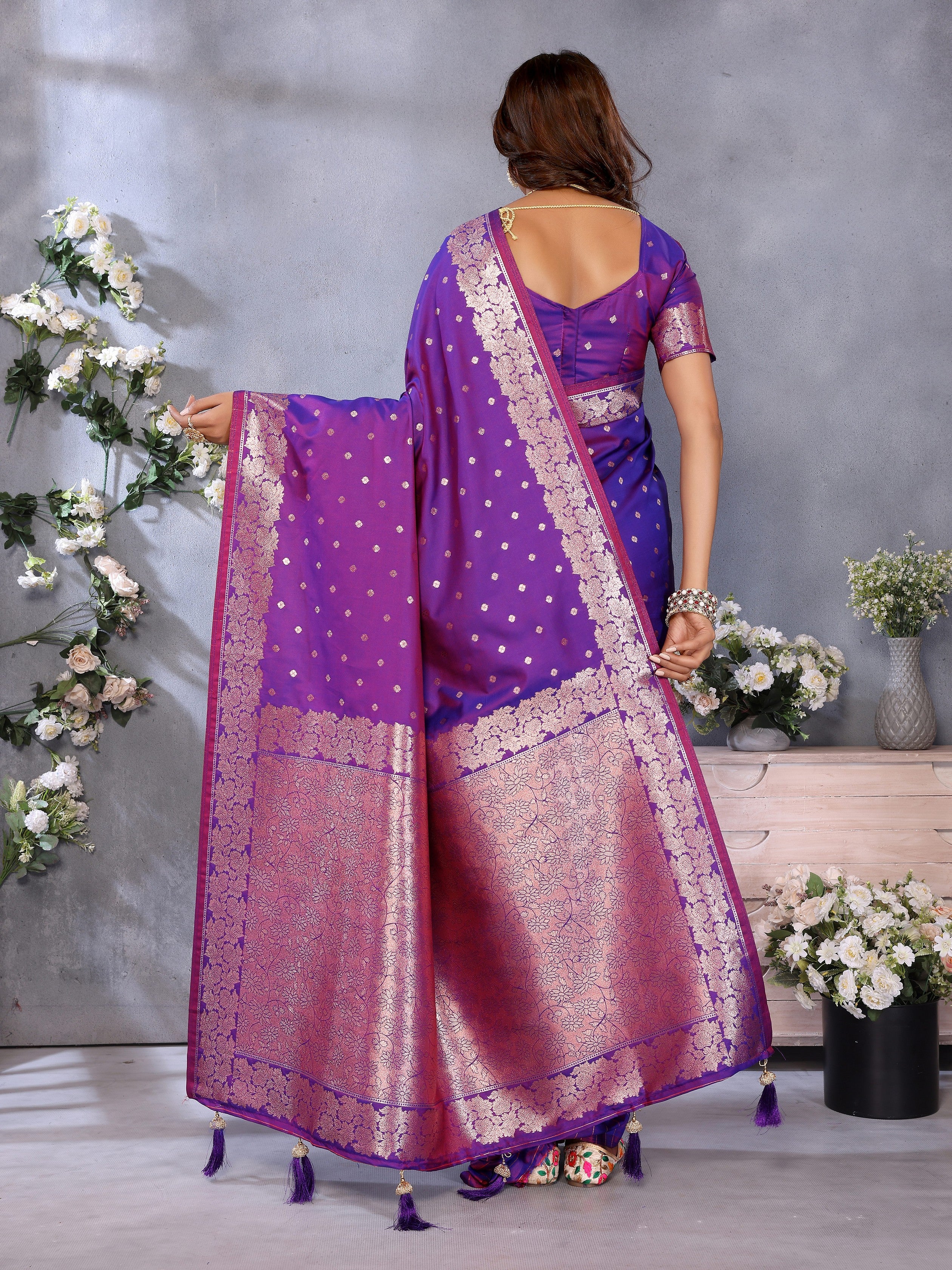 Purple Banarasi Silk Jacquard Weving Designer Trendy Partywear Saree