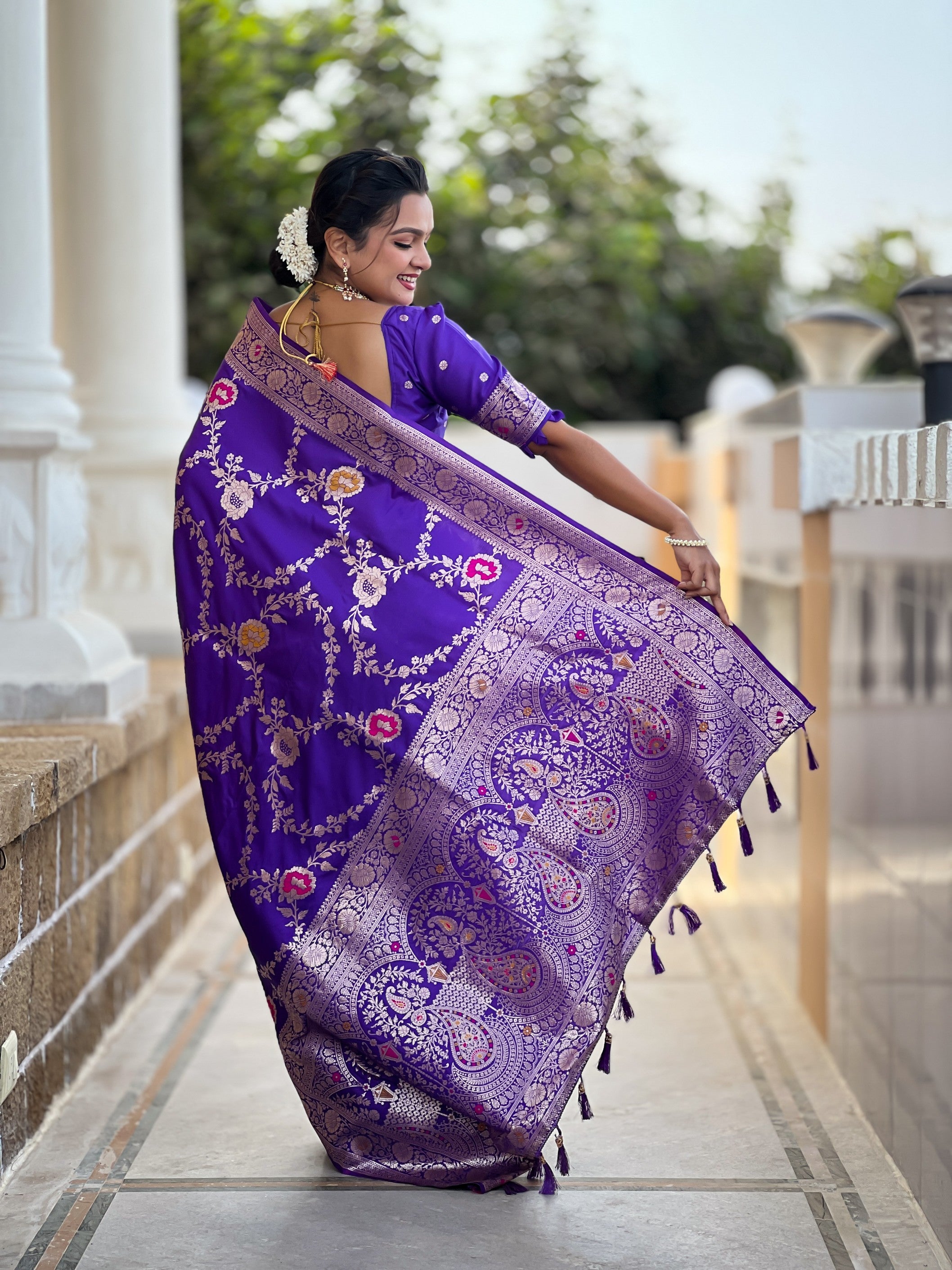 Purple Banarasi Silk Saree With Traditional Woven Meenakari Designer Traditional Looks