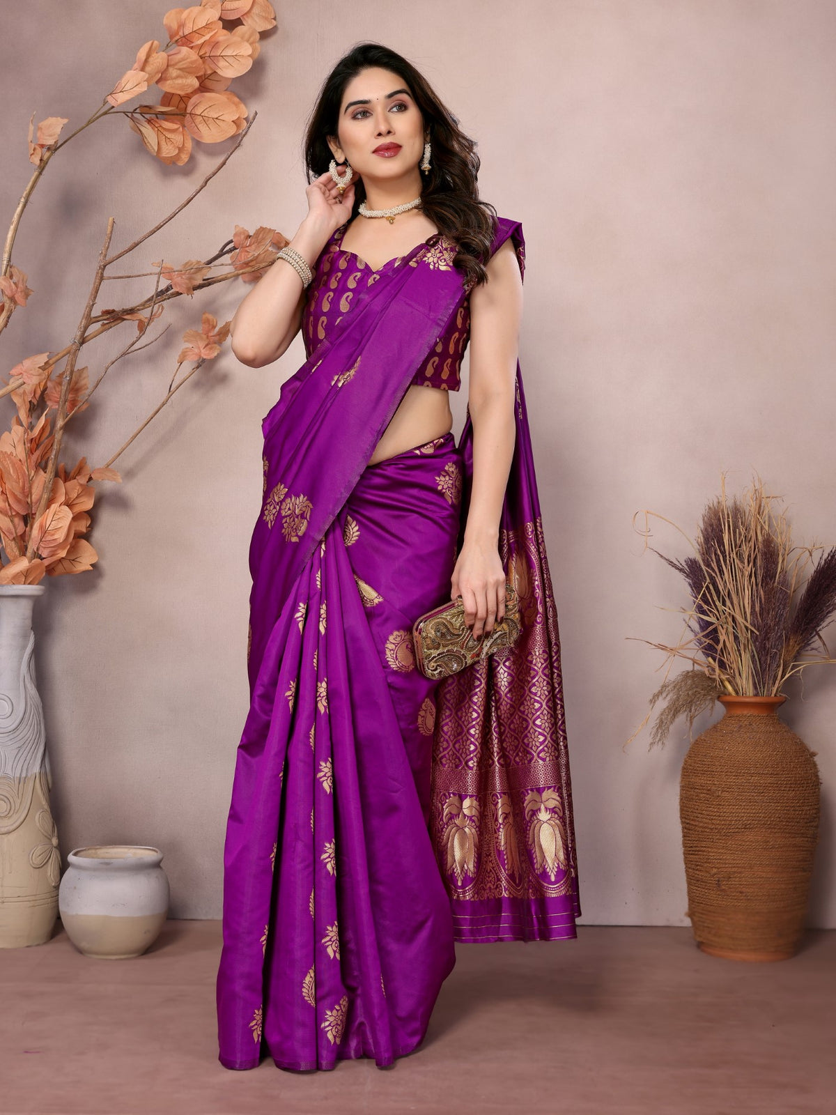 Purple Banarasi Silk Saree With Weaving