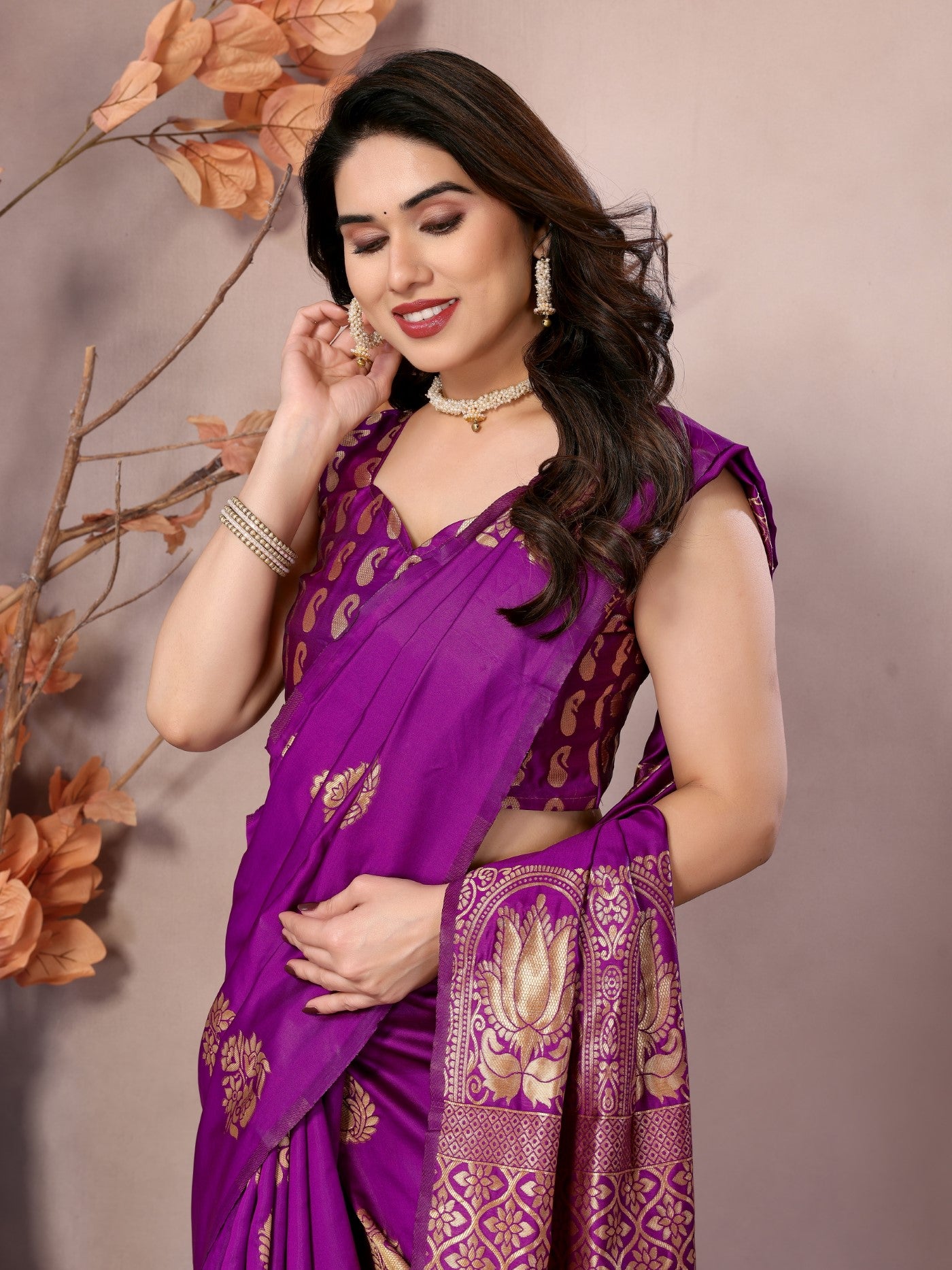Purple Banarasi Silk Saree With Weaving