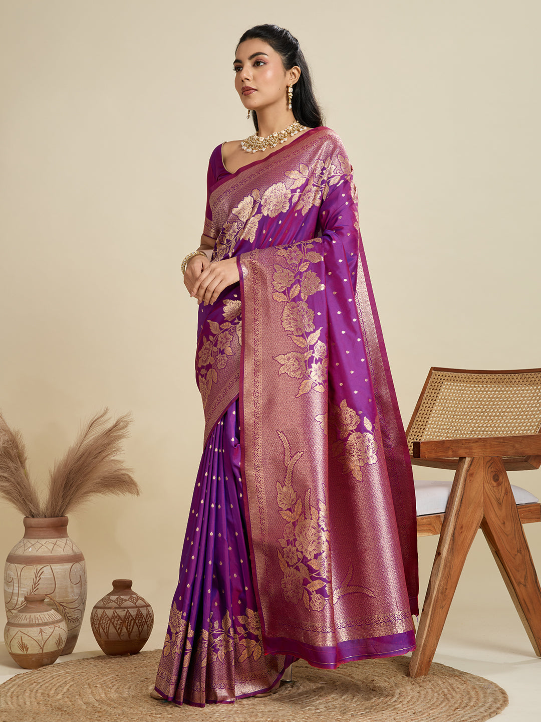 Purple Banarasi Silk Saree with Butti and Floral Border