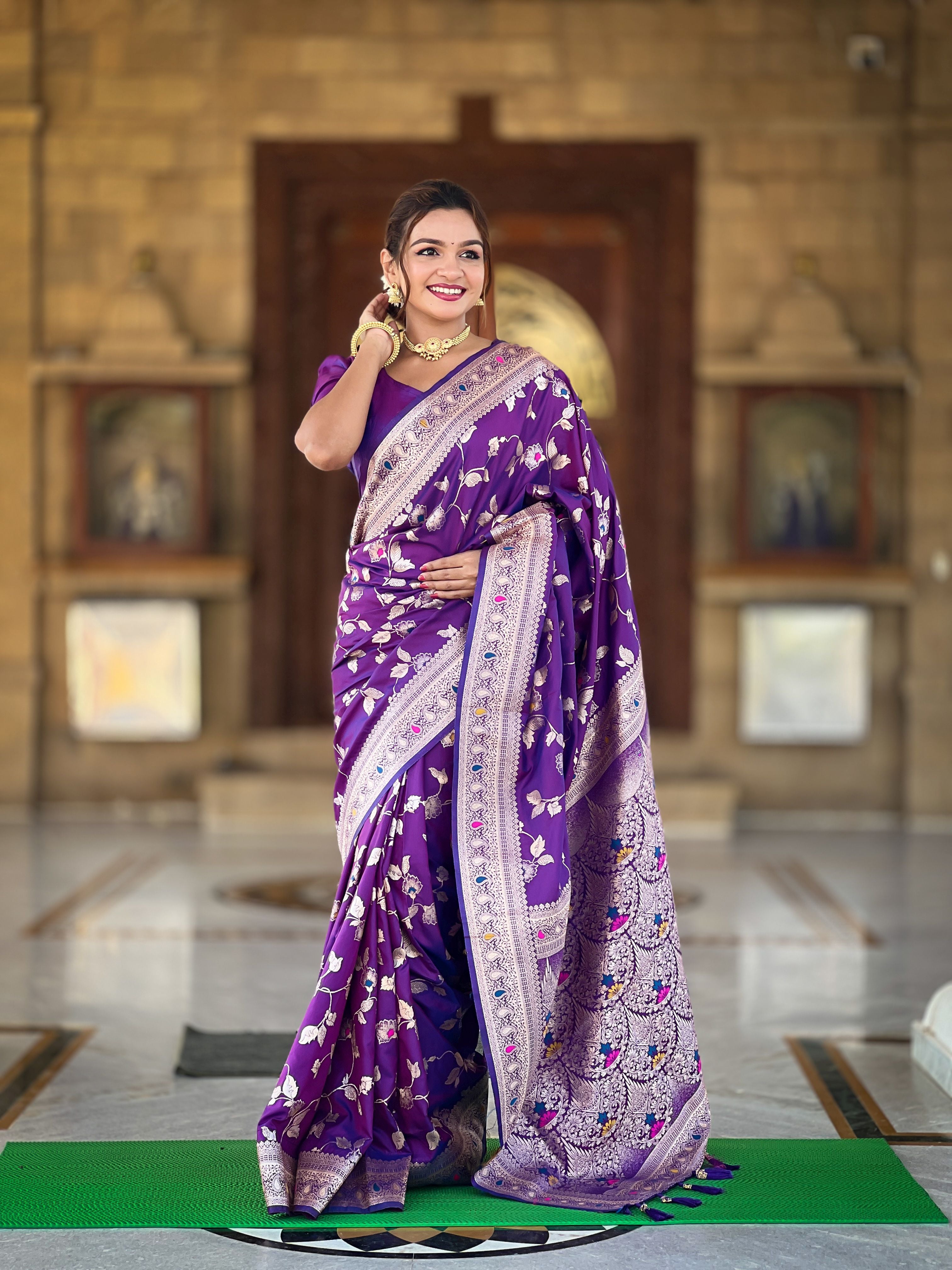 Purple Banarasi Silk Woven Jacquard Designer Ceremonial Partywear Saree
