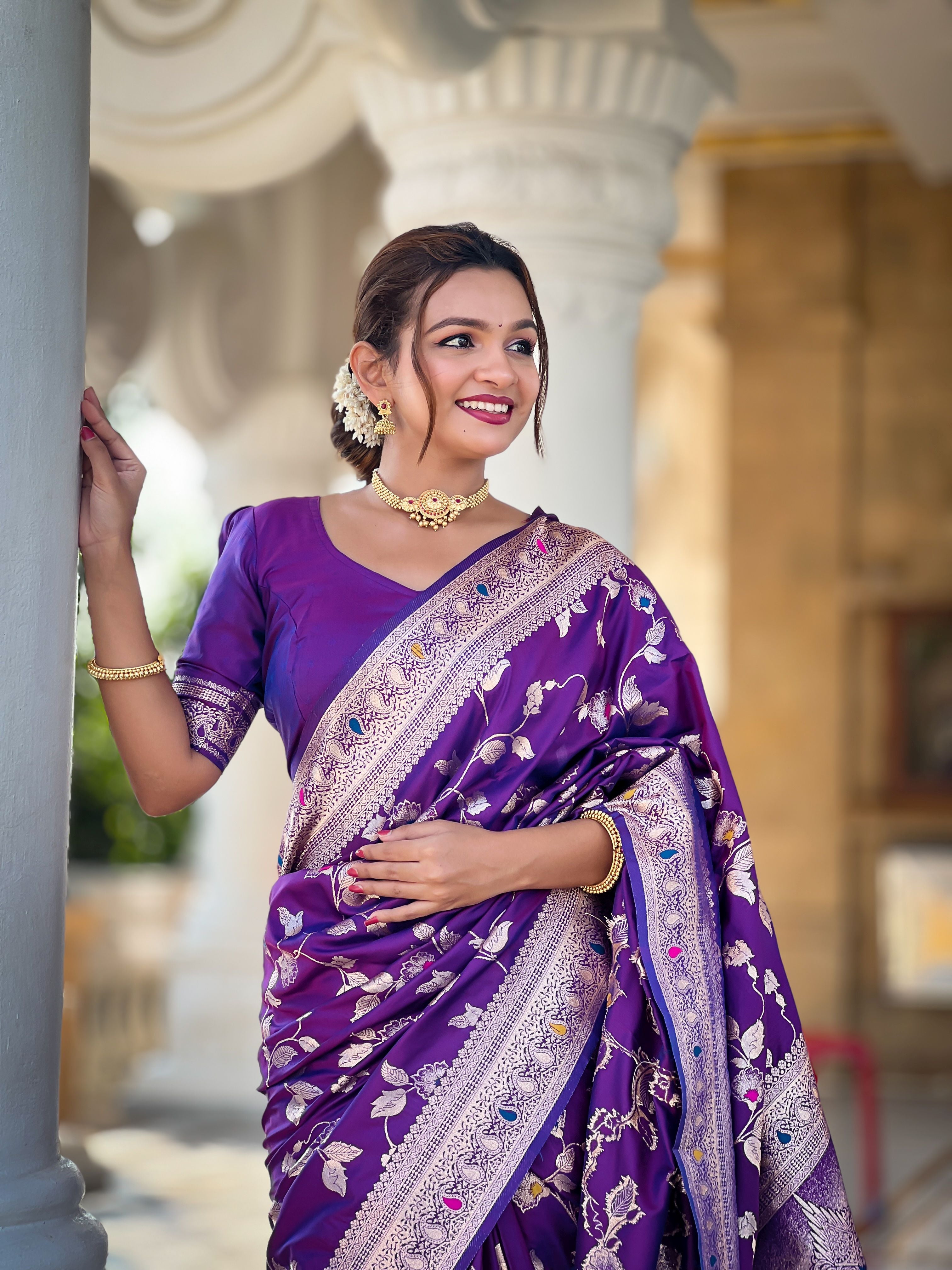 Purple Banarasi Silk Woven Jacquard Designer Ceremonial Partywear Saree