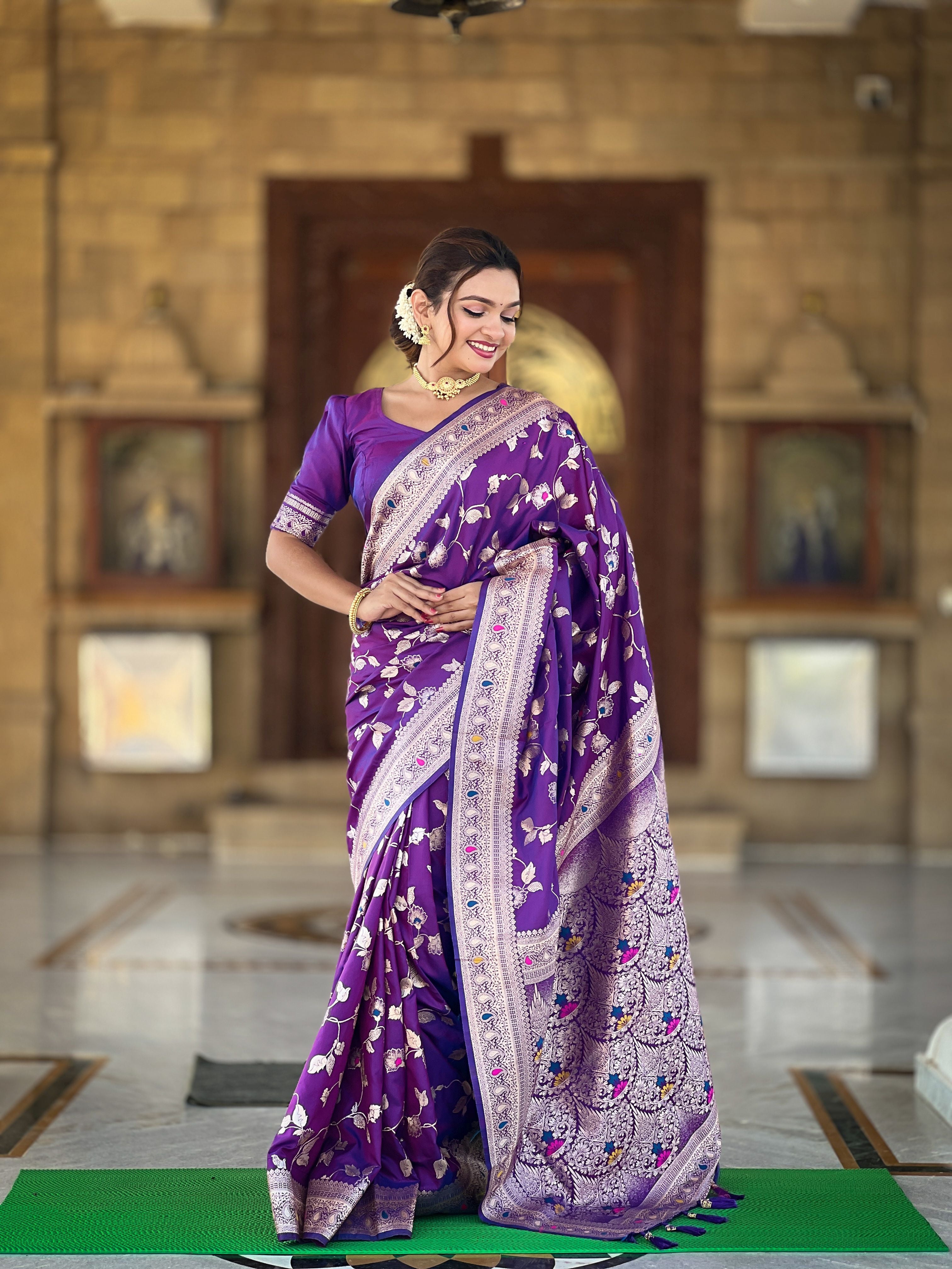 Purple Banarasi Silk Woven Jacquard Designer Ceremonial Partywear Saree