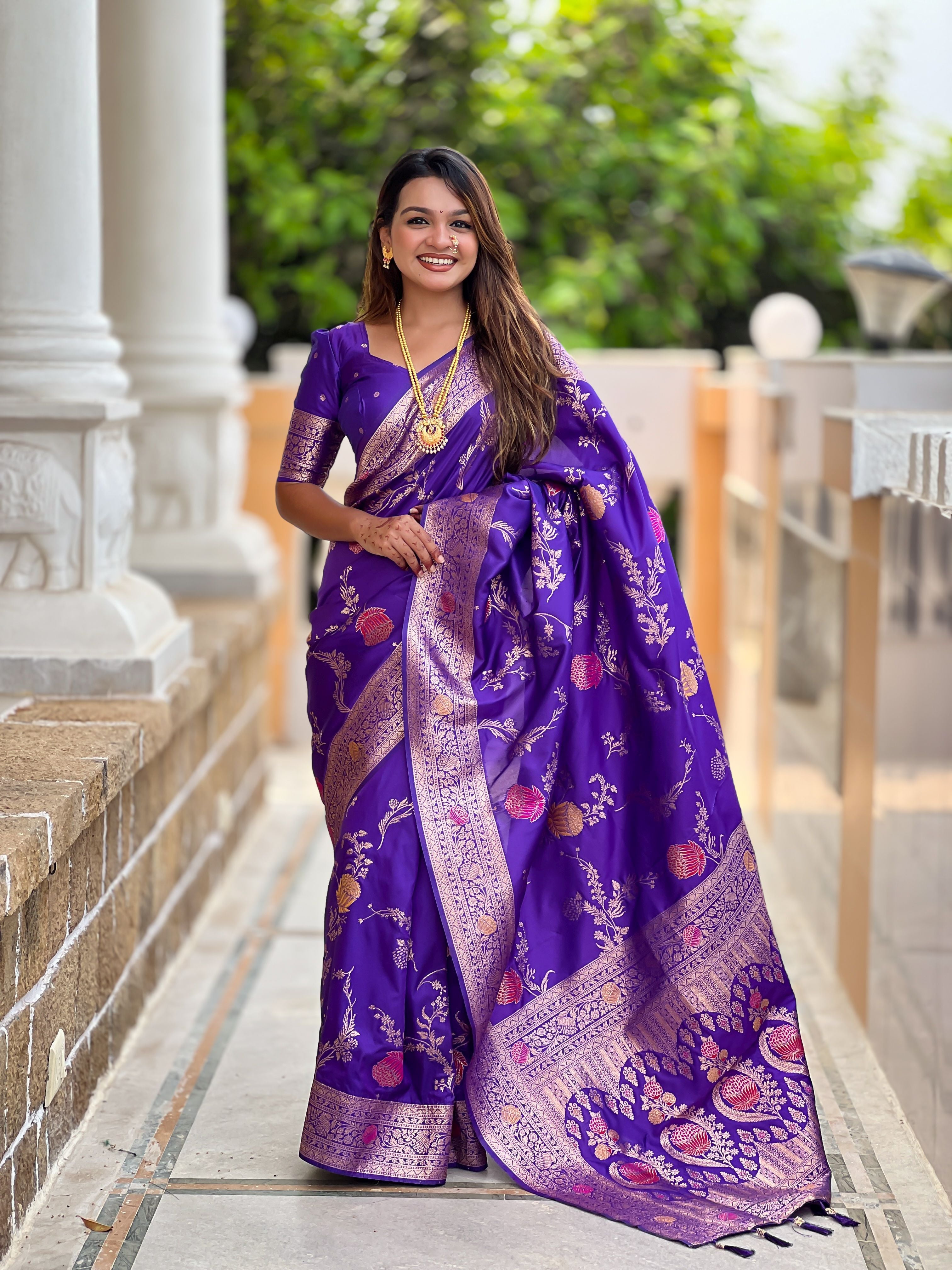 Purple Beautiful Banarasi Silk Woven Meenakari Designer Graceful Ethnic Saree