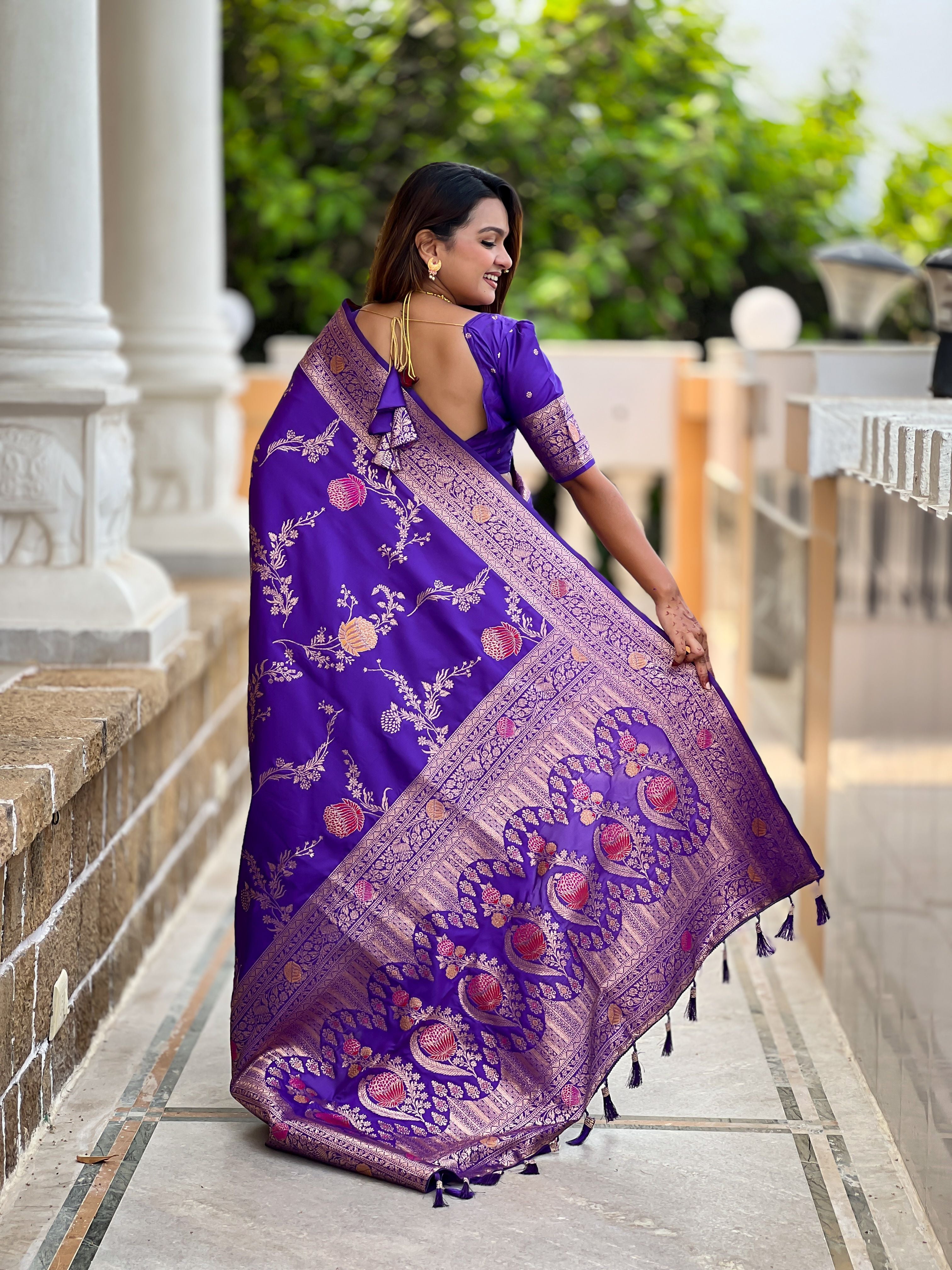 Purple Beautiful Banarasi Silk Woven Meenakari Designer Graceful Ethnic Saree