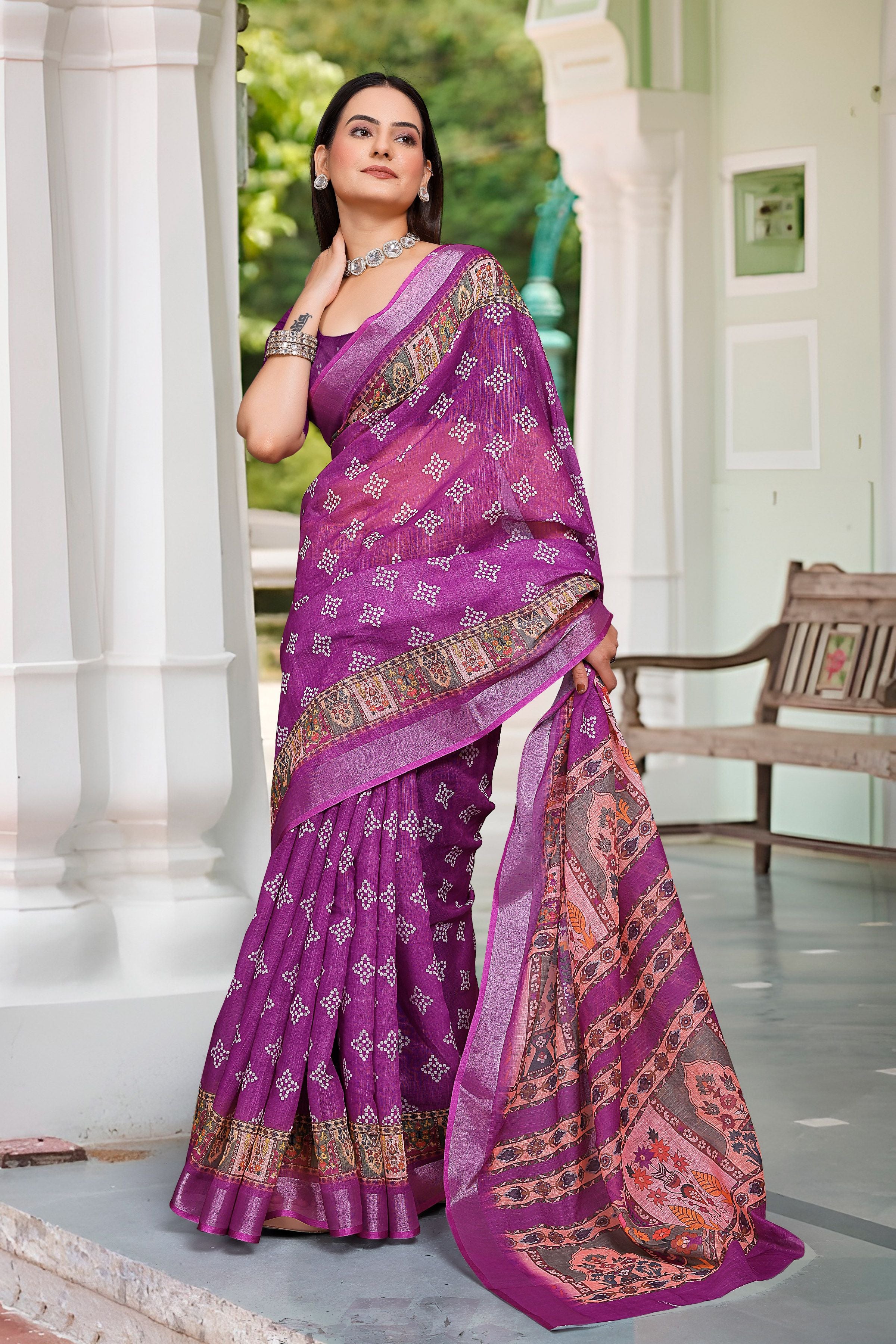 Purple Beautiful Designer Printed Saree With Woven Border