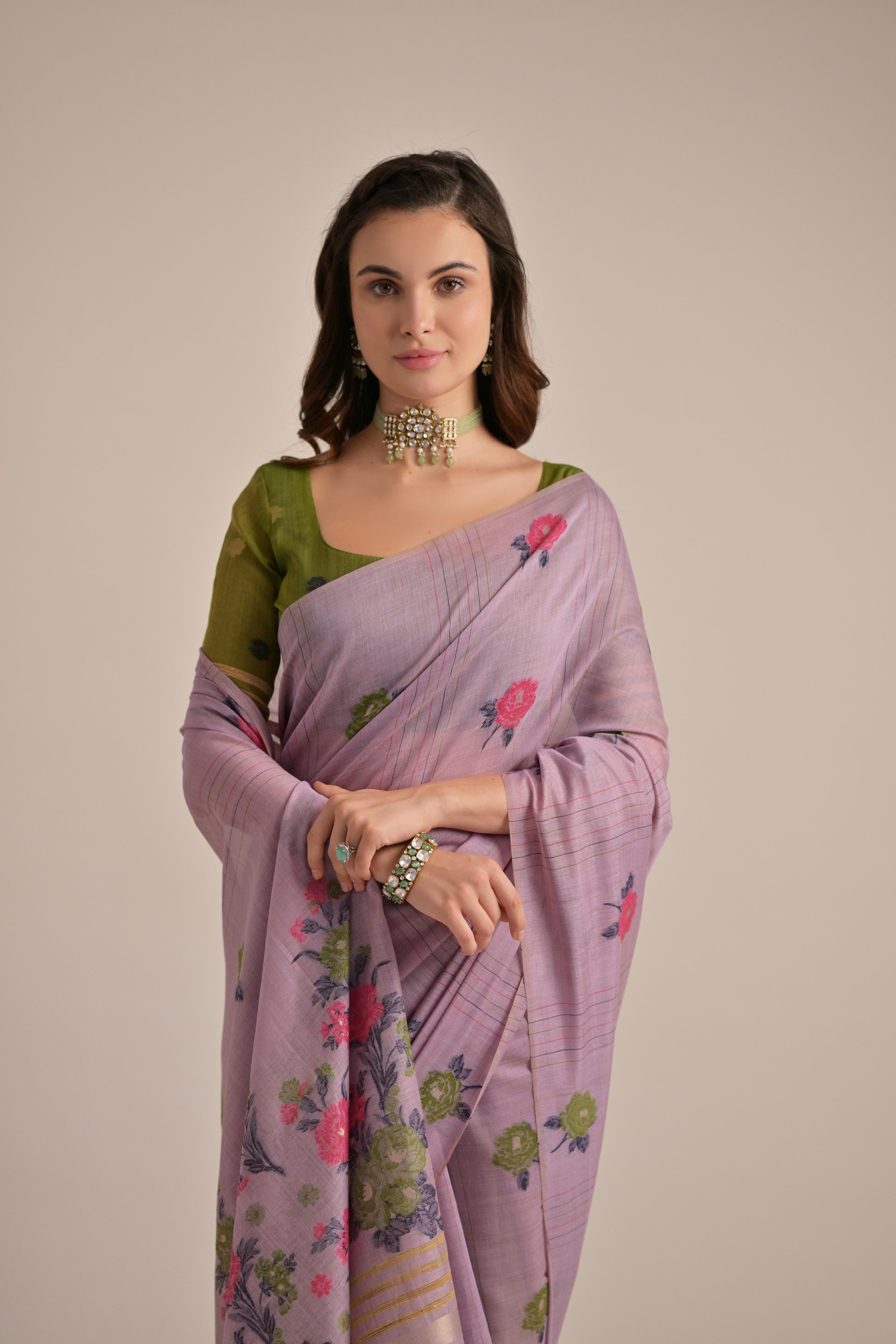 Purple Beautiful Girly Looks Multy Floral Weaving Designer Muga Cotton Saree