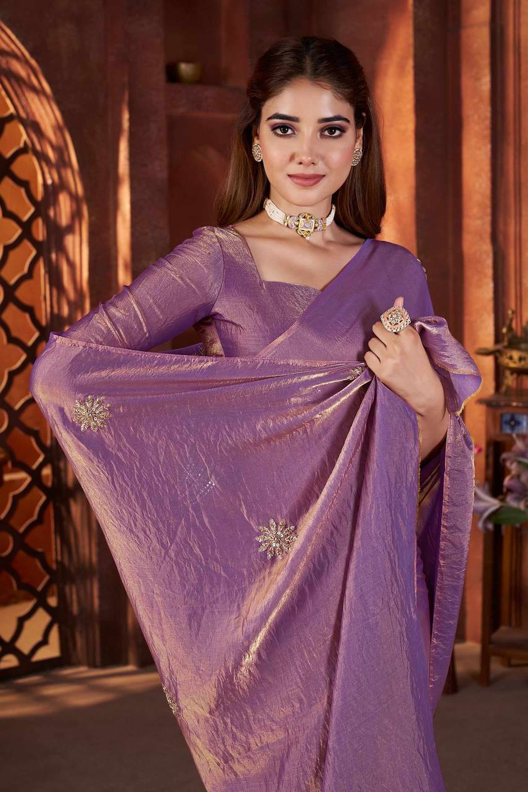Purple Beautiful Heavy Work Ceremonial Fandy Satin Silk Saree