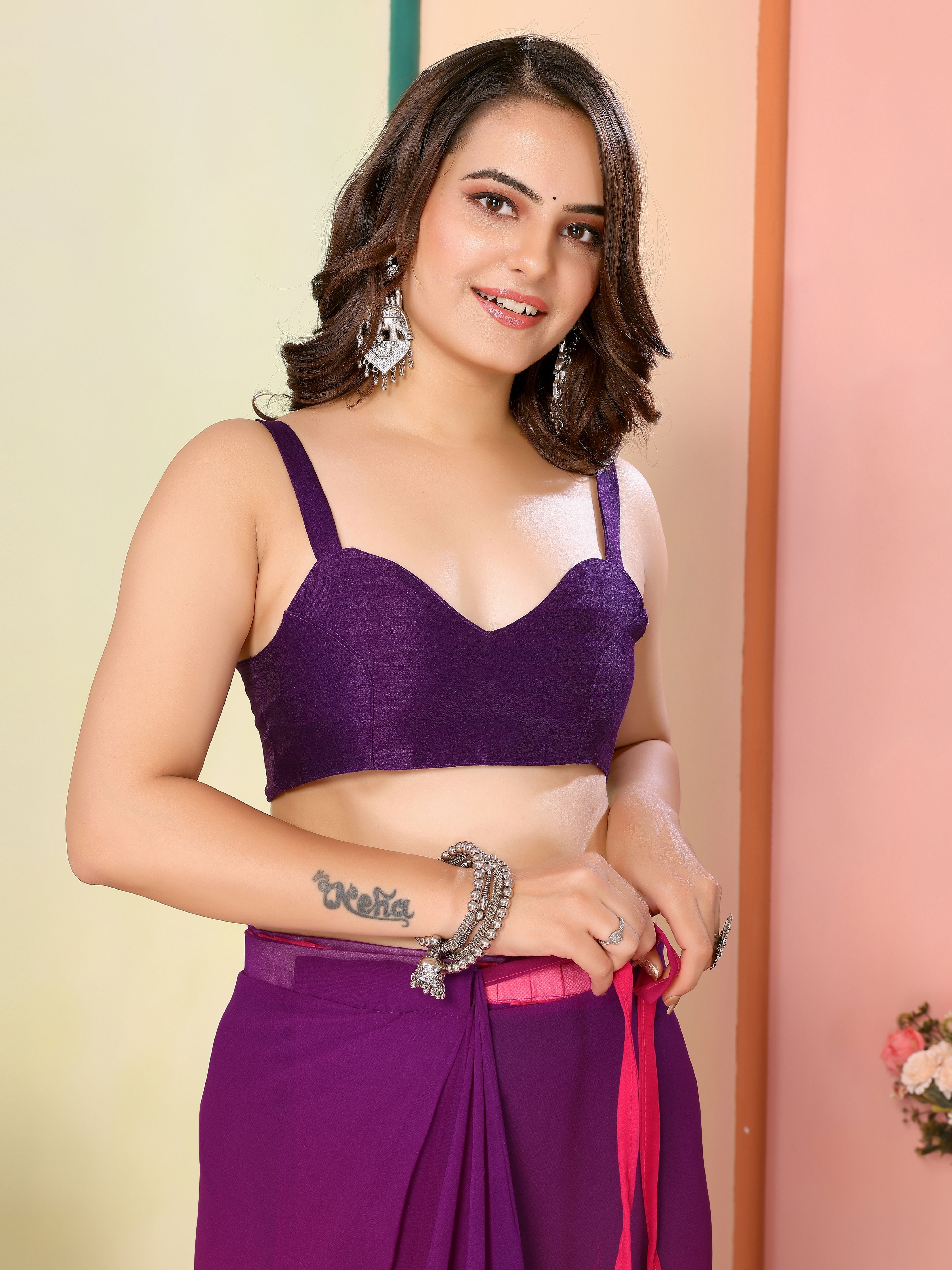 Purple Beautiful Pedding Printed Georgette Ready To Wear Saree