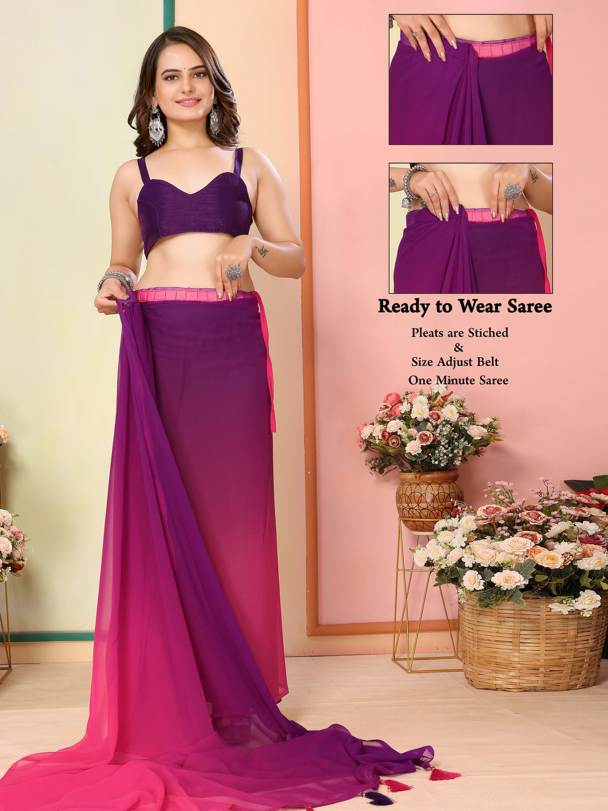 Purple Beautiful Pedding Printed Georgette Ready To Wear Saree