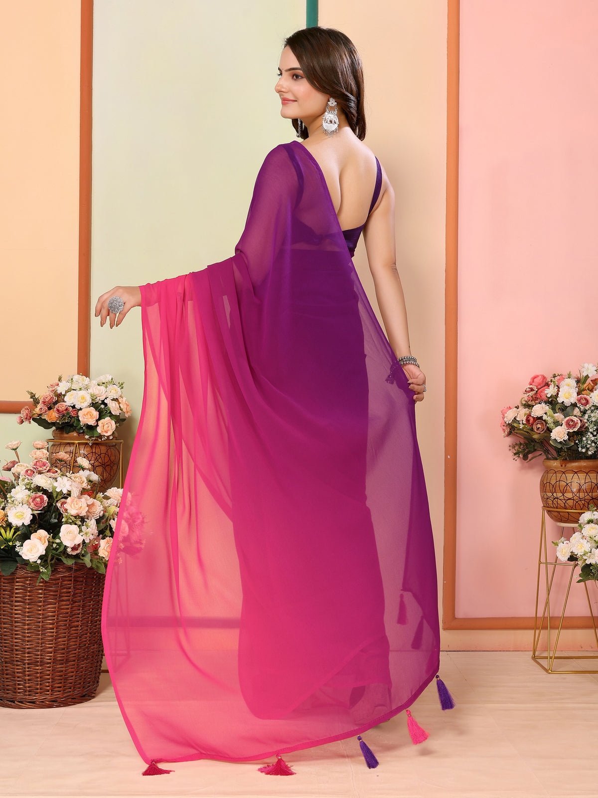 Purple Beautiful Pedding Printed Georgette Ready To Wear Saree