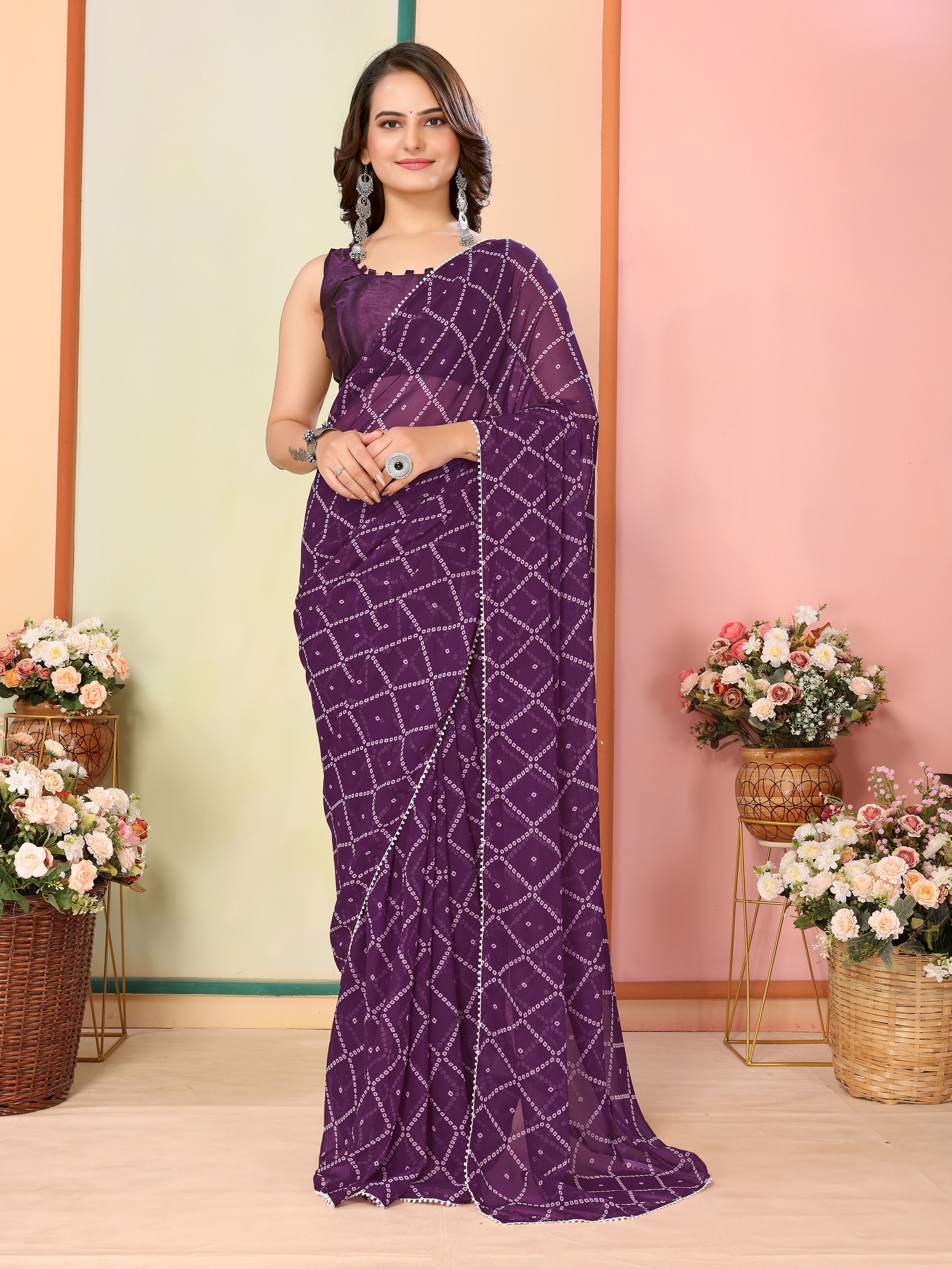 Purple Beautiful Pinted Ready To Wear Ethnic Partywear Saree