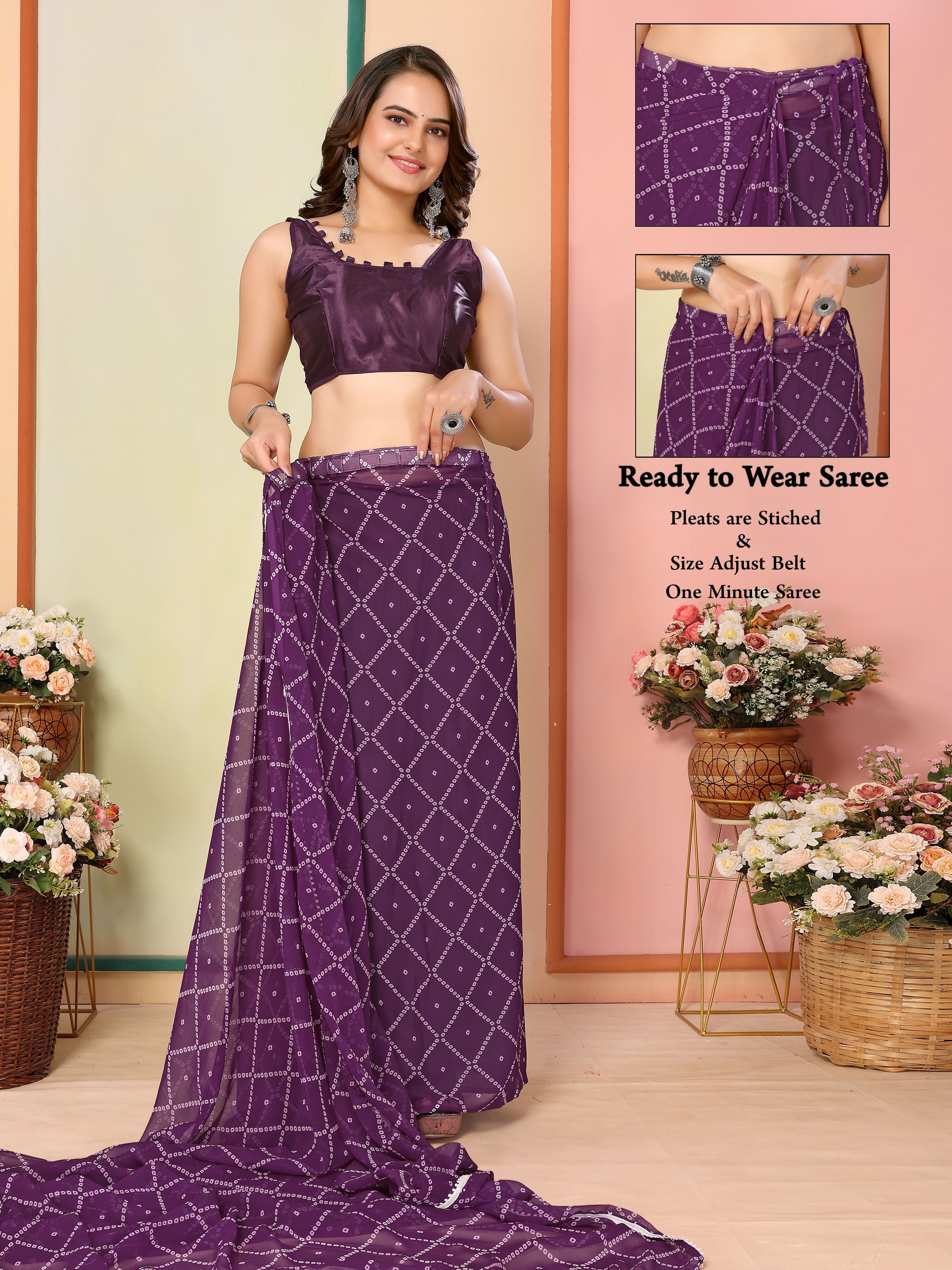 Purple Beautiful Pinted Ready To Wear Ethnic Partywear Saree