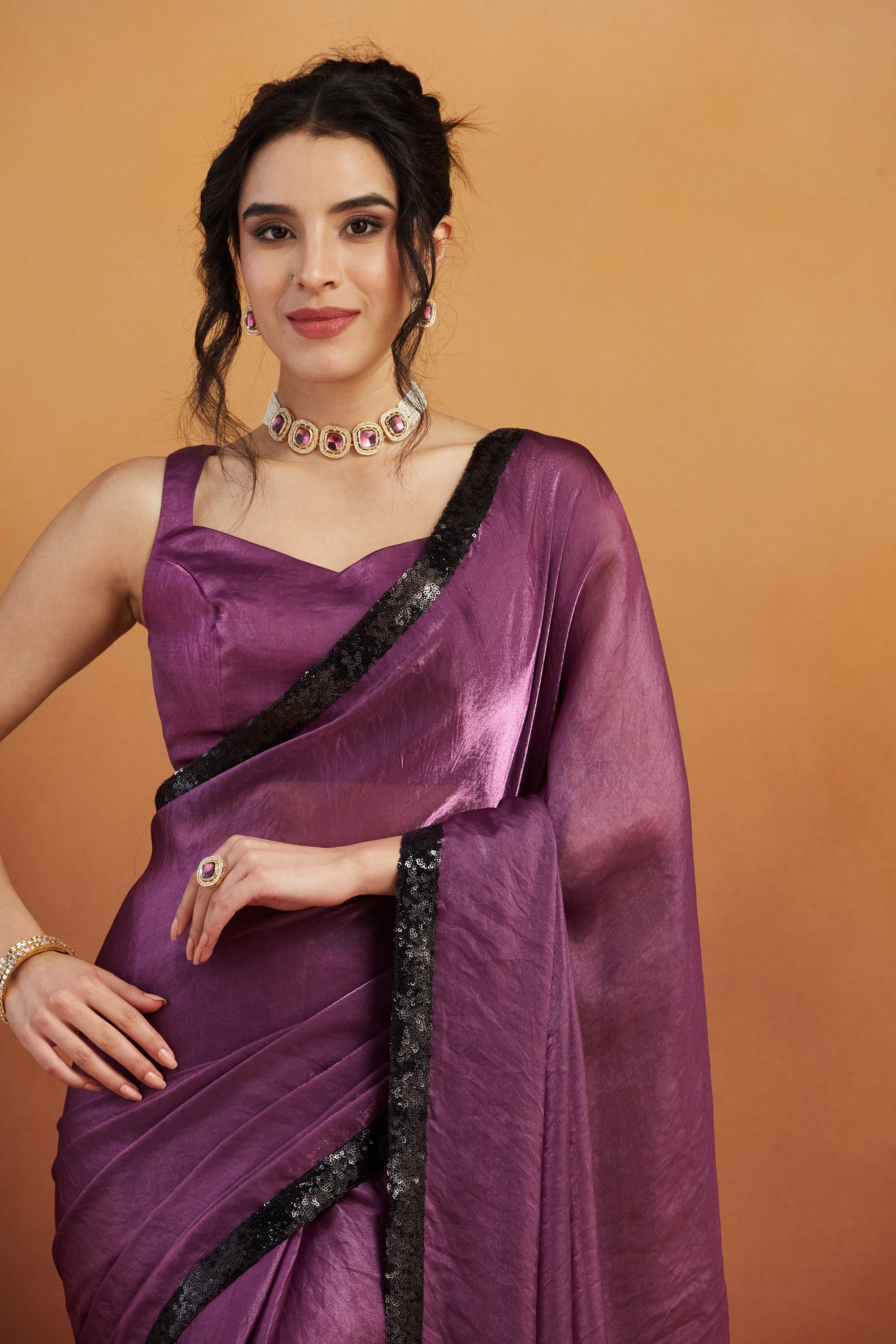 Purple Beautiful Velvet Ceremonial Wear Bollywood Saree