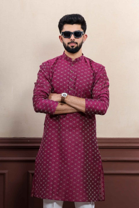 Purple Blended Cotton Wevon Dobby Kurta Pajama