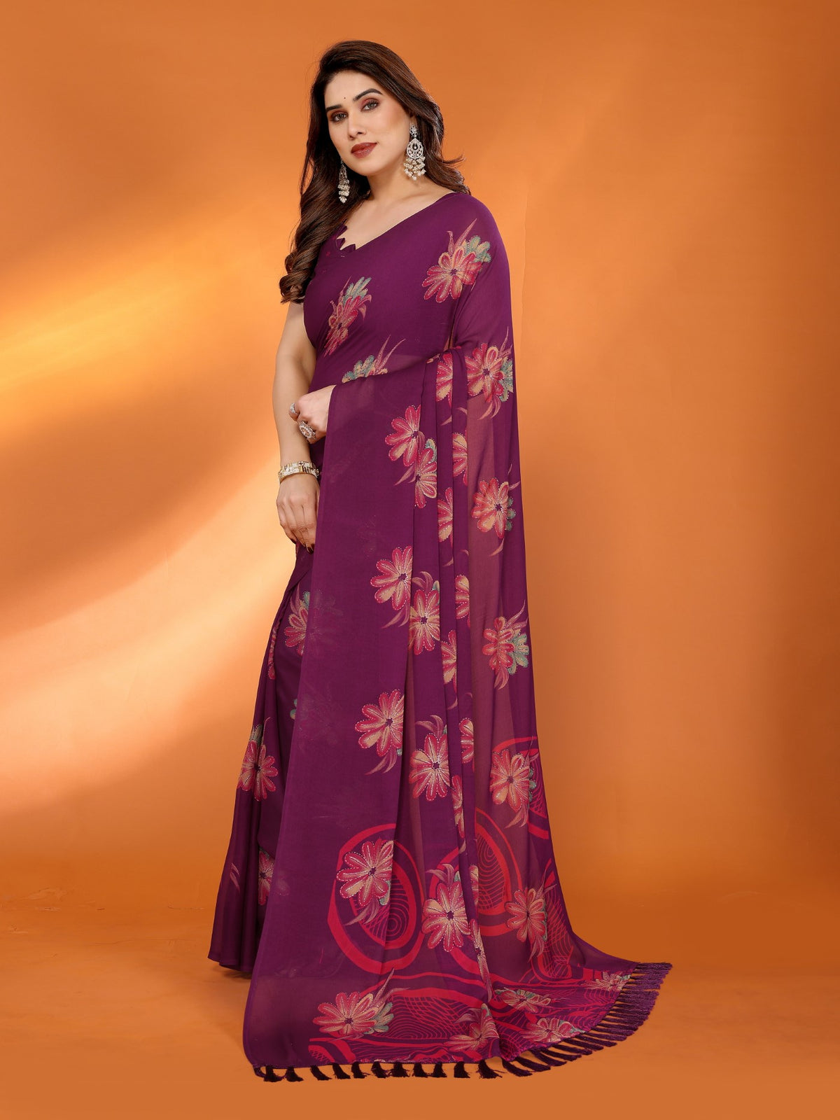 Purple Bright Moss Satin Patta Saree With Printed Design