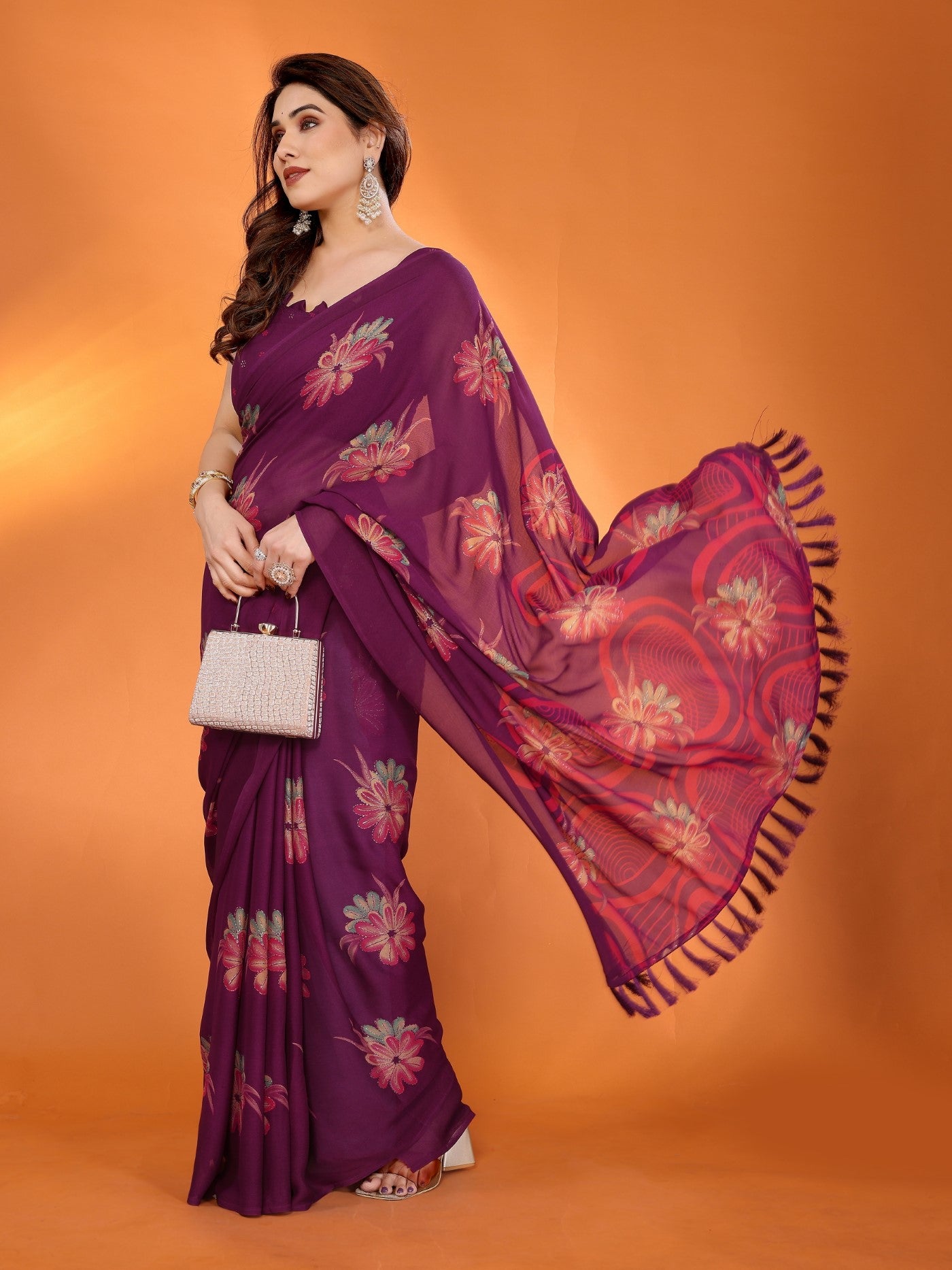 Purple Bright Moss Satin Patta Saree With Printed Design