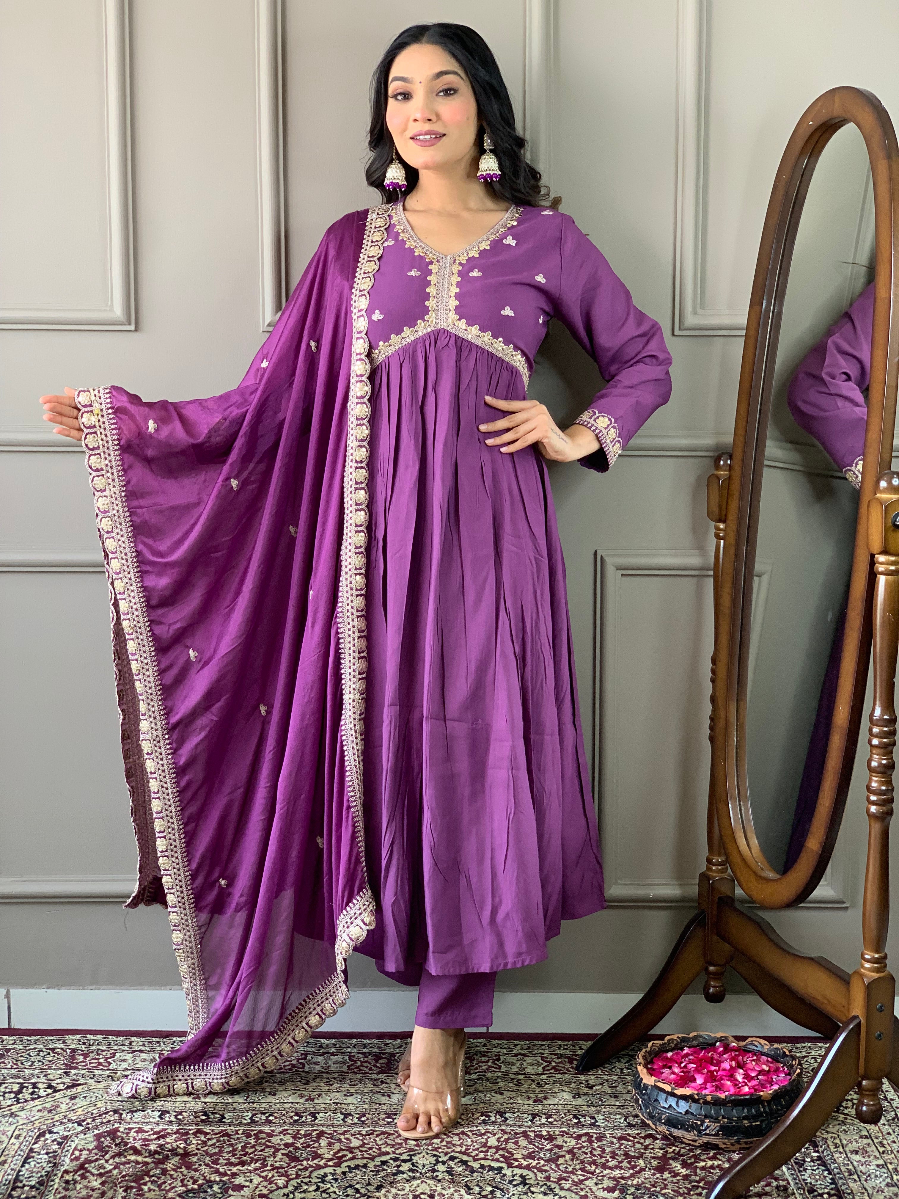 Purple Bsy Viscose Elegant Kurta Pant Set With Embroidery Work