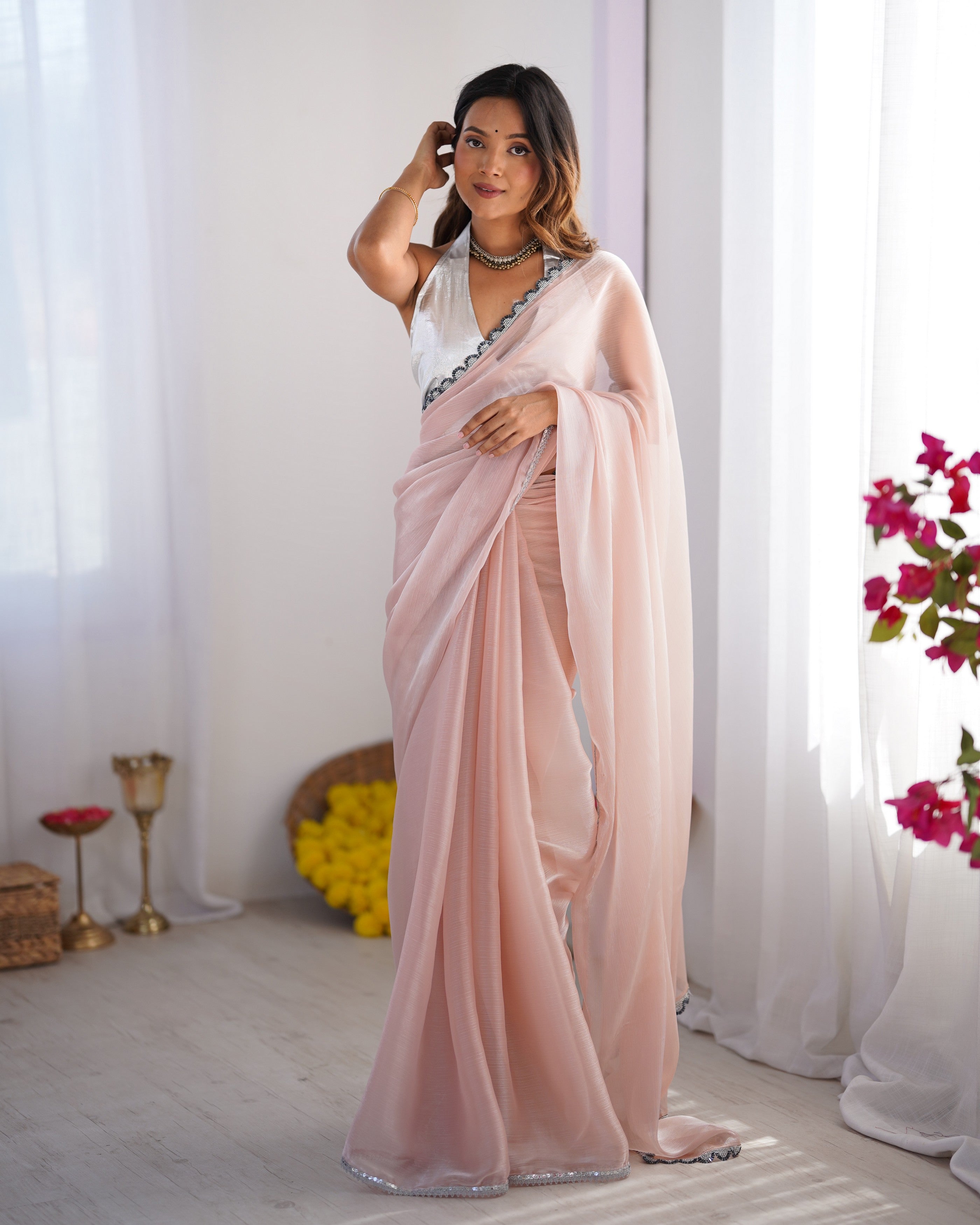 Purple Burberry Solid Designer With Lace Border Bollywood Style Saree