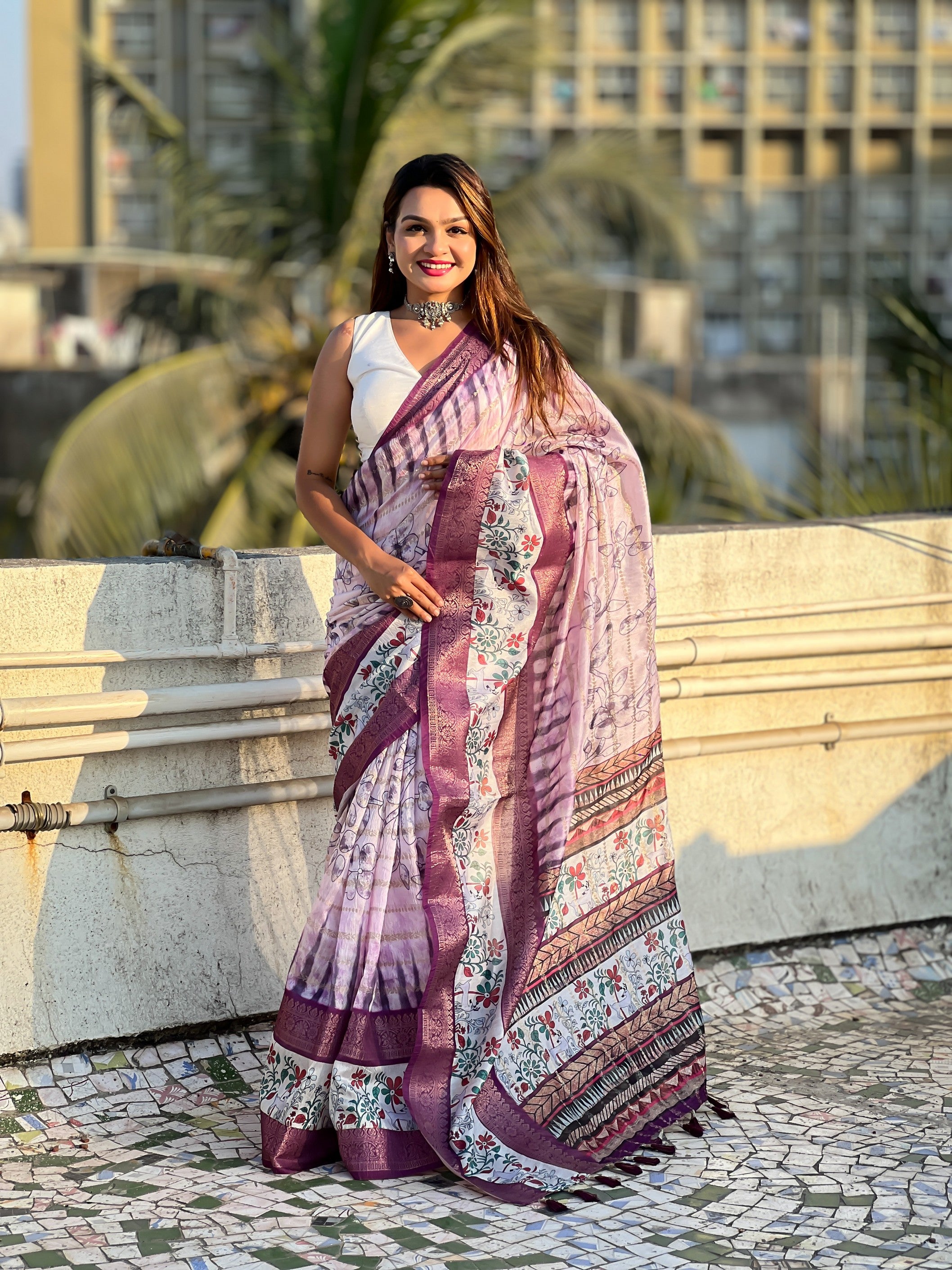 Purple Chanderi Crush Printed With Woven Jari Designer Elegant Sophisticated Saree