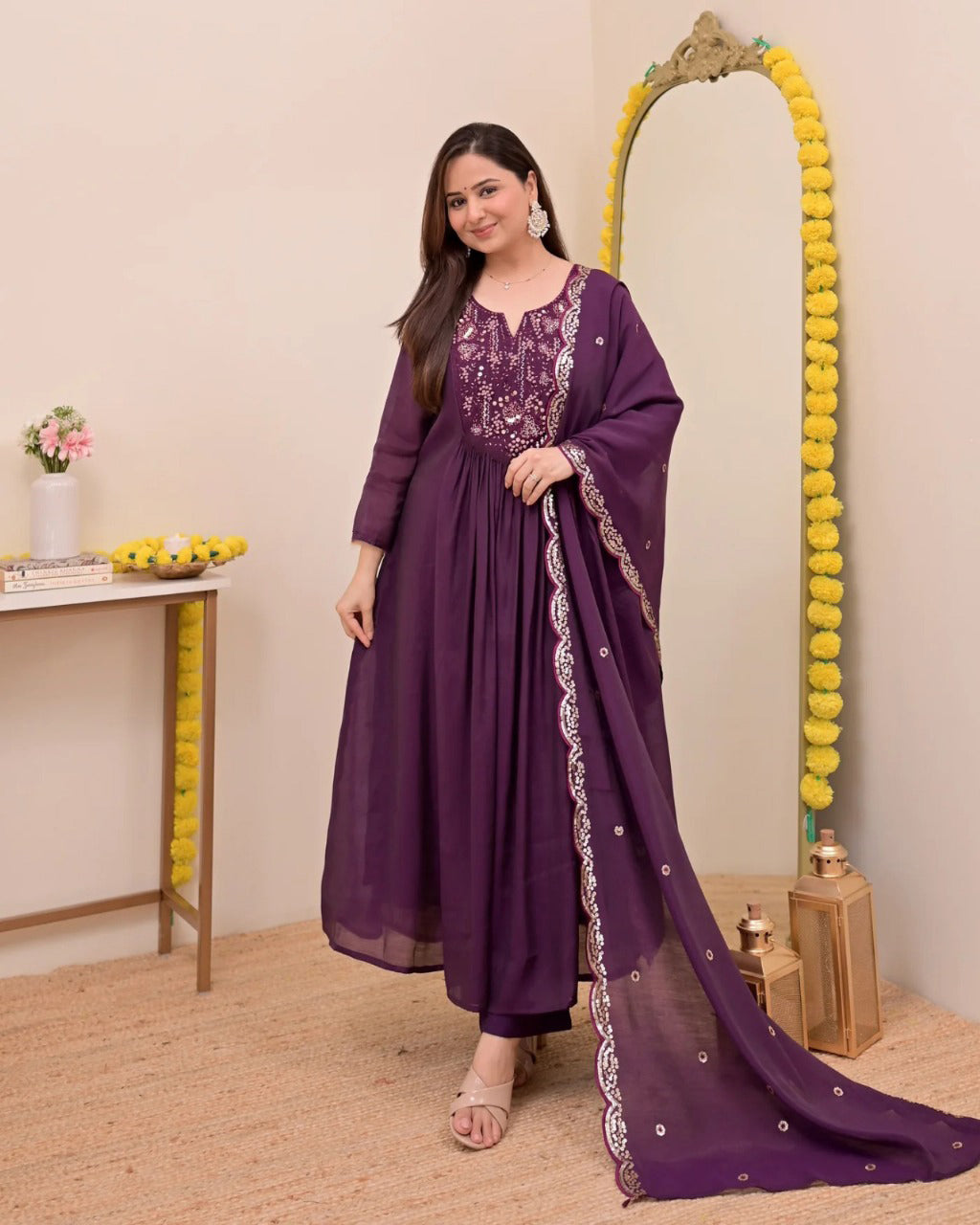 Purple Chanderi Silk Kurta Pant Set With Heavy Thread Embroidery Work