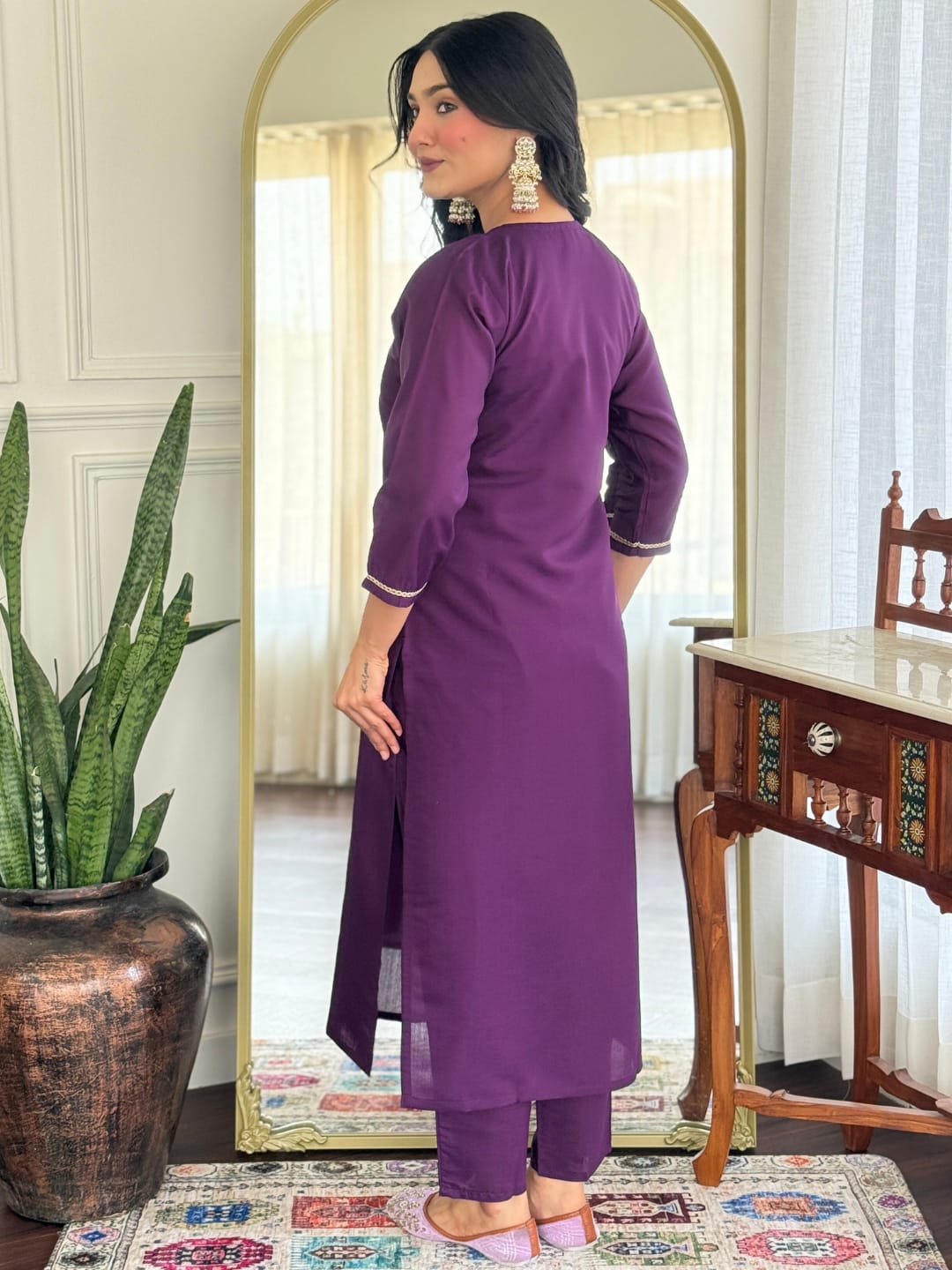 Purple Chanderi Silk Kurta Pant with Heavy Thread Embroidery Work With Printed Dupatta