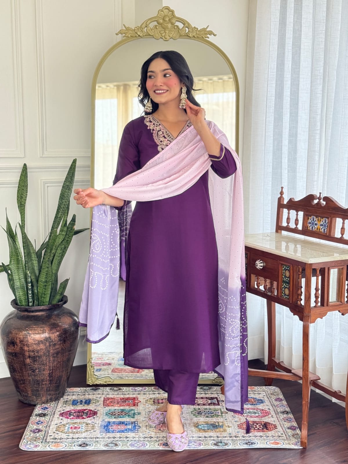 Purple Chanderi Silk Kurta Pant with Heavy Thread Embroidery Work With Printed Dupatta