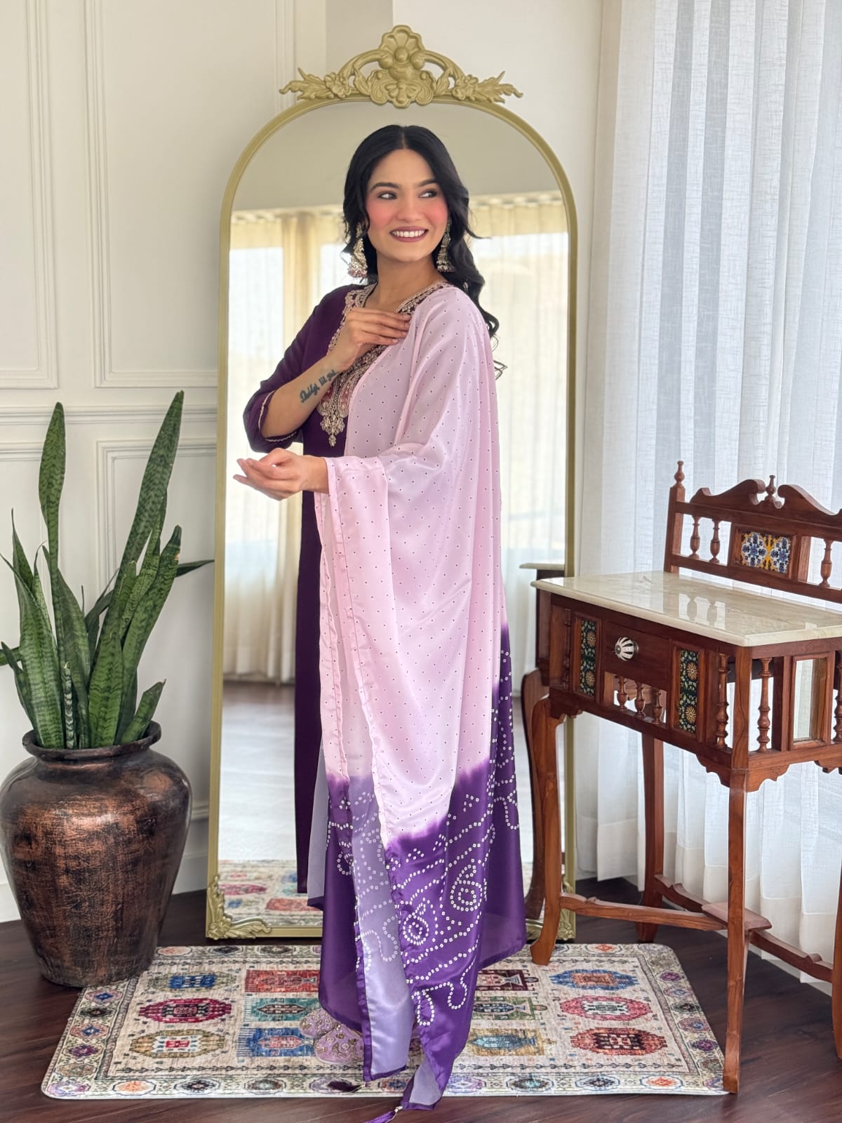 Purple Chanderi Silk Kurta Pant with Heavy Thread Embroidery Work With Printed Dupatta