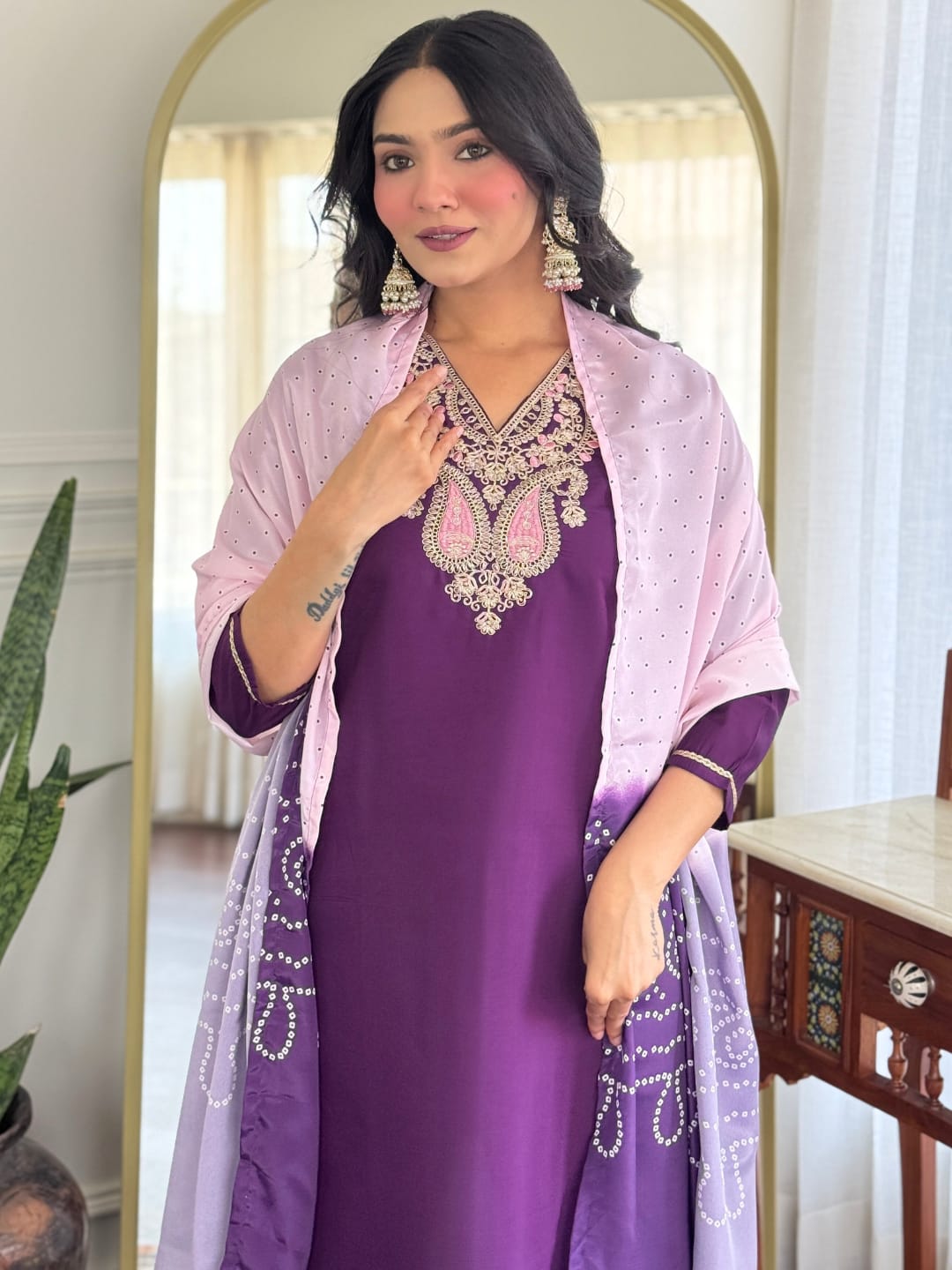 Purple Chanderi Silk Kurta Pant with Heavy Thread Embroidery Work With Printed Dupatta