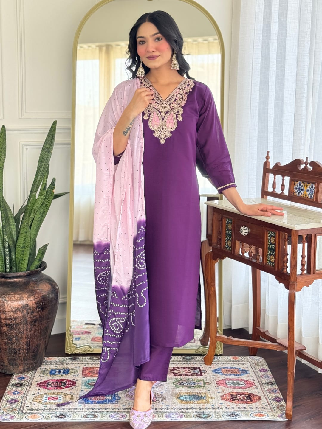 Purple Chanderi Silk Kurta Pant with Heavy Thread Embroidery Work With Printed Dupatta