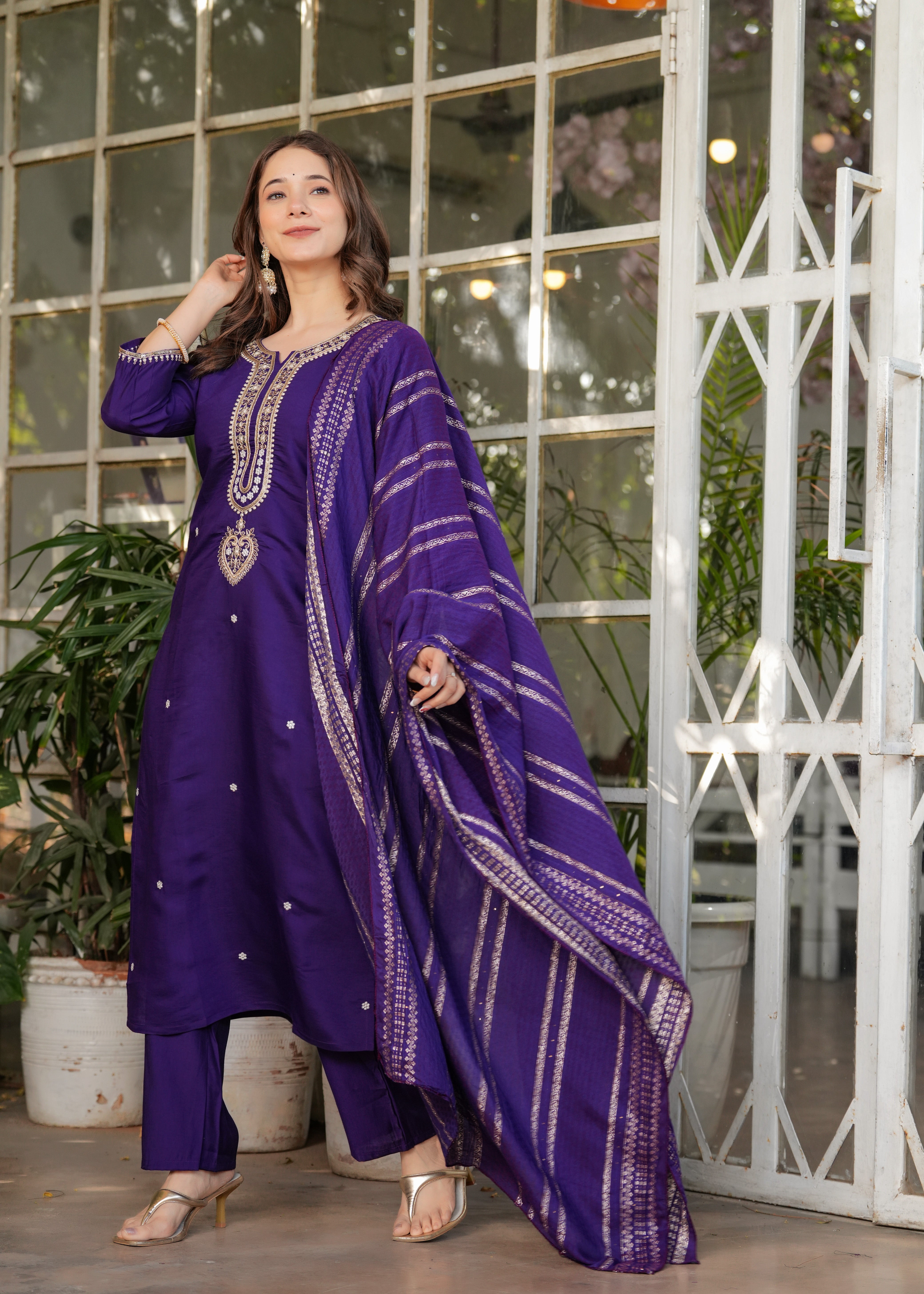 Purple Chanderi Viscose Elegant Kurta Pant Set With Embroidery Work