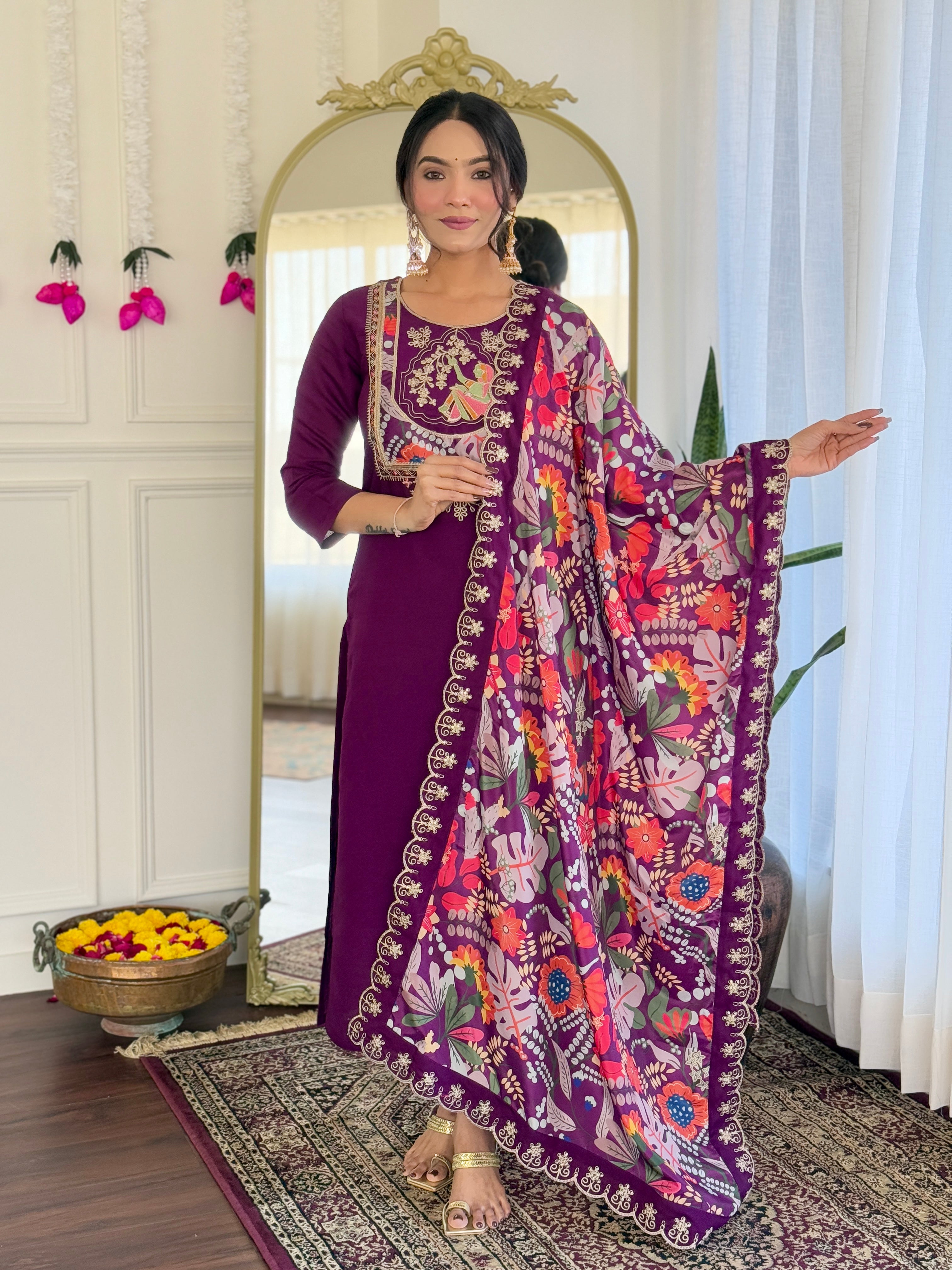 Purple Chanderi Viscose Elegant Kurta Pant Set With Embroidery Work