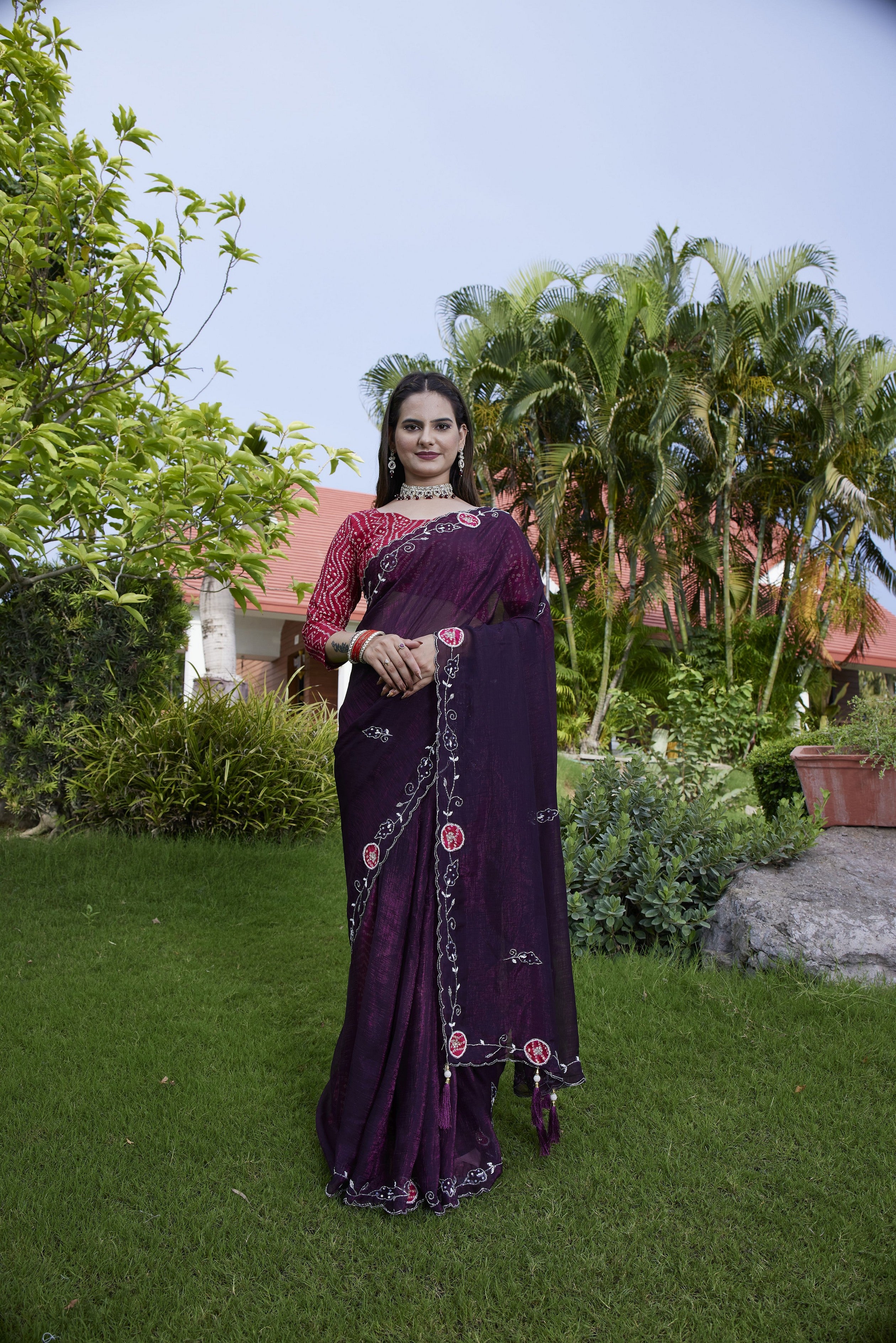 Purple Chiffon Beautiful Heavy Traditonal Rich Festive Saree