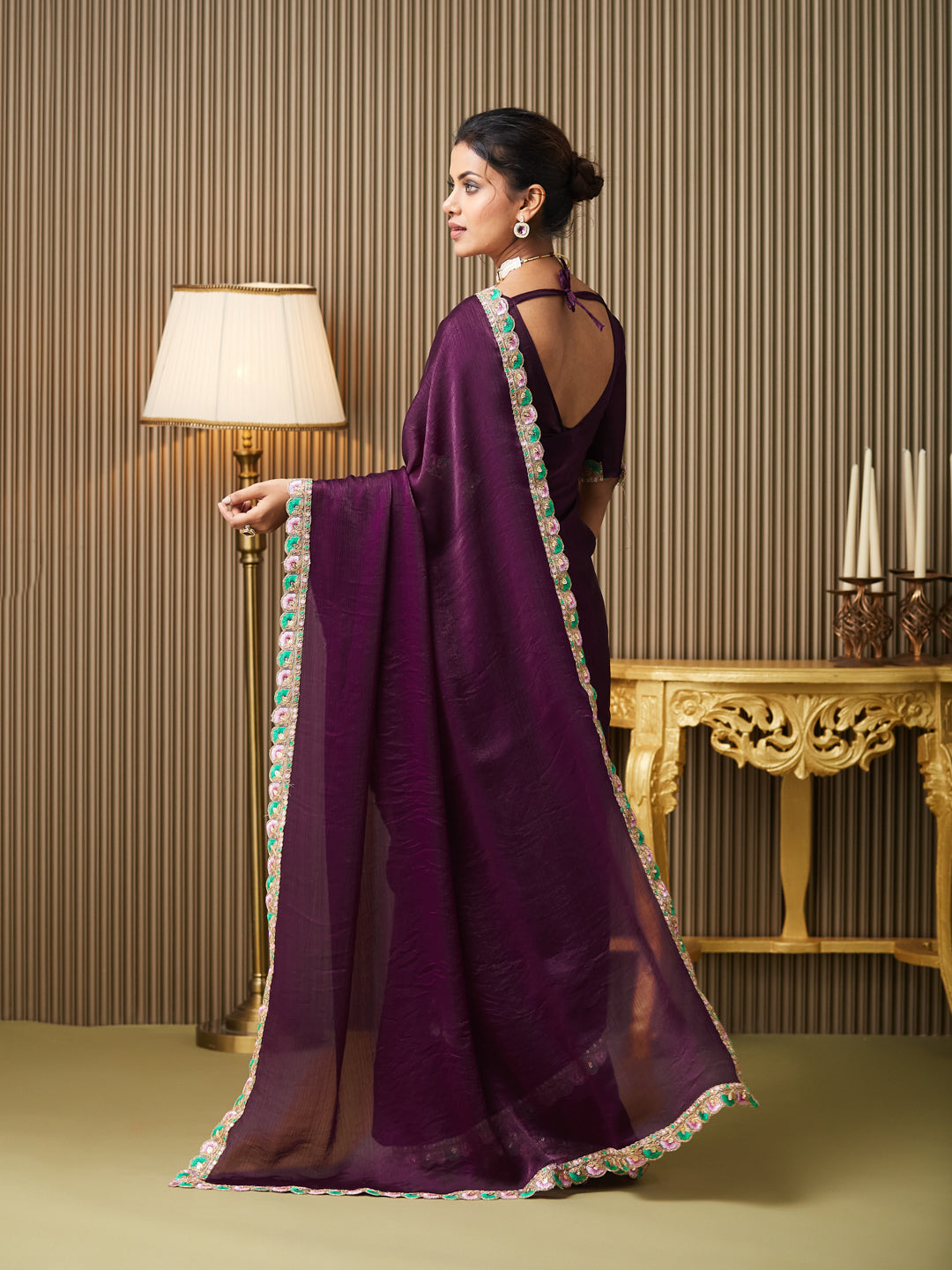 Purple Chiffon Embellished Designer Ceremonial Saree